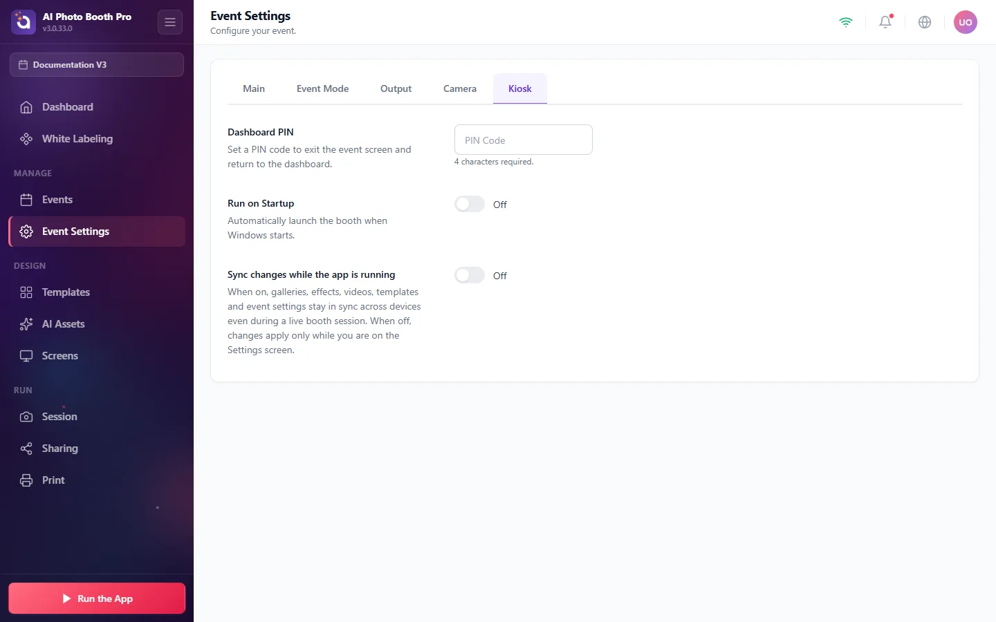 Event Settings, Kiosk