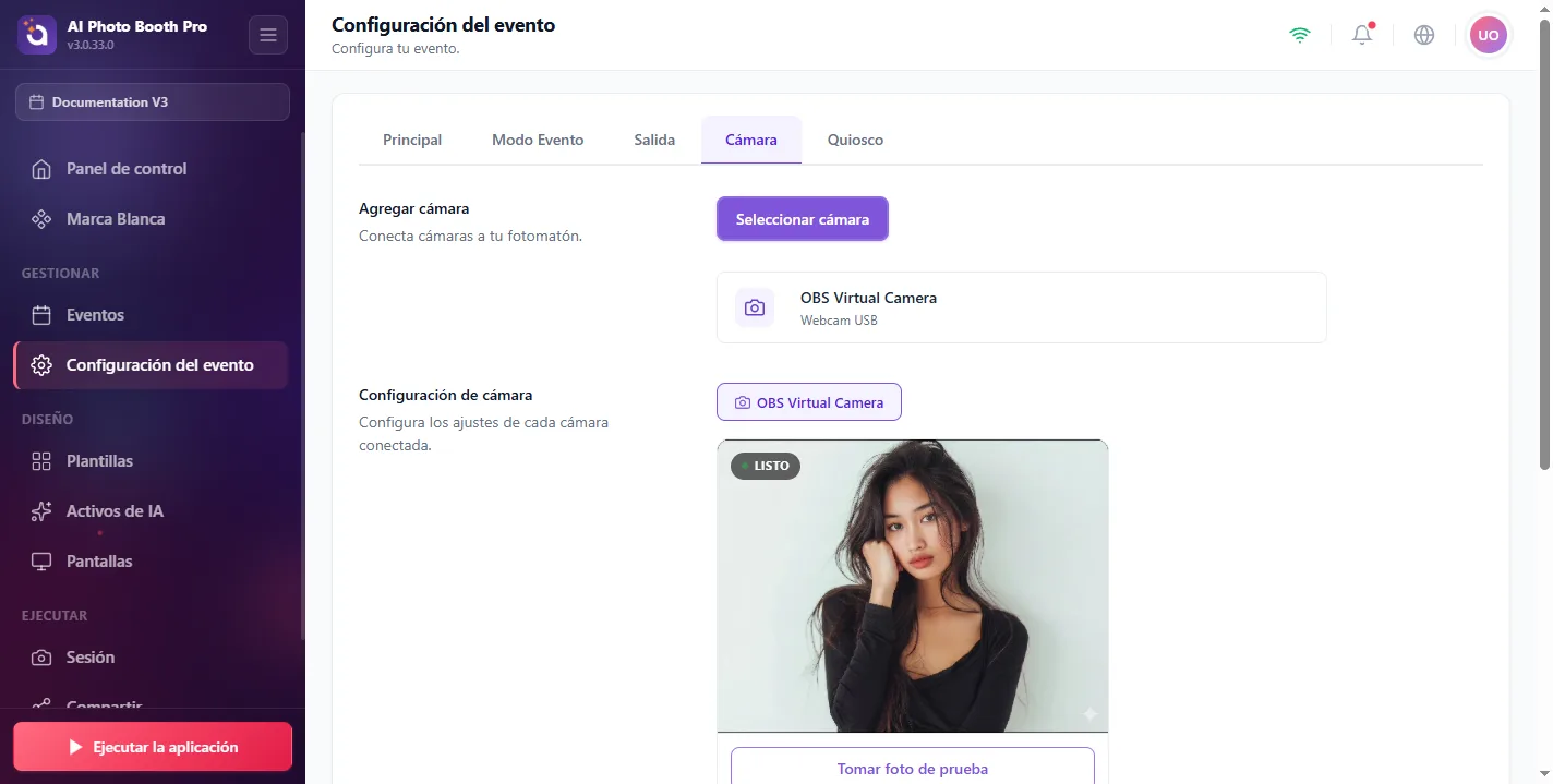 Configuración del evento, Camera con vista previa en vivo