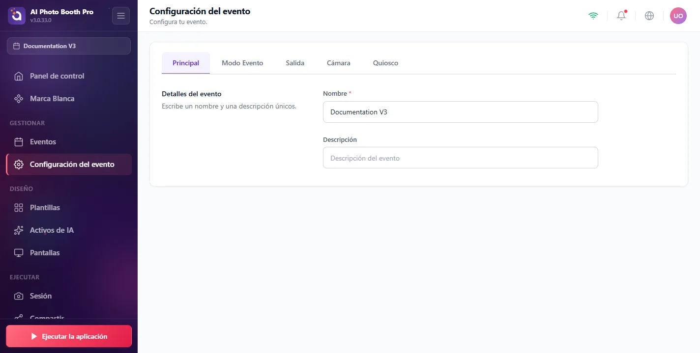 Configuración del evento, Main