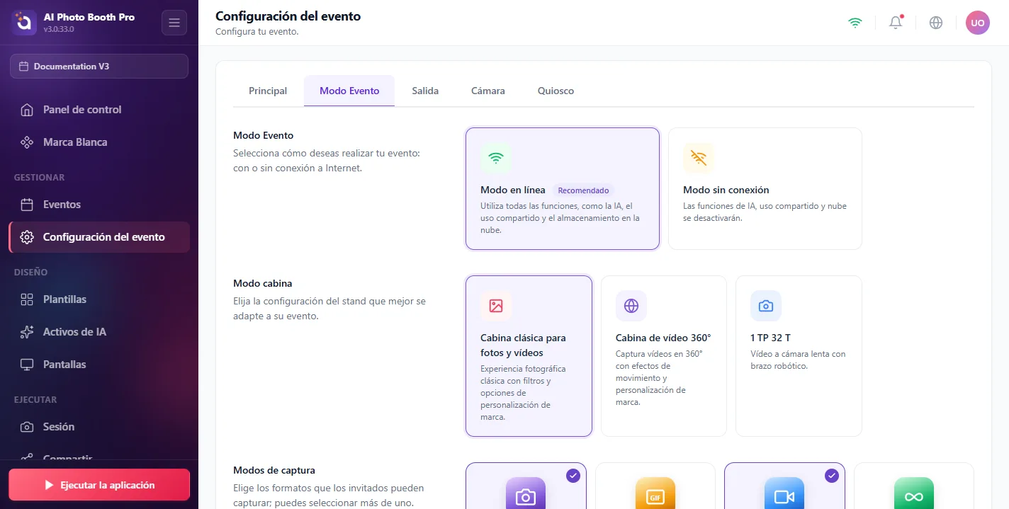 Configuración del evento, Event Mode