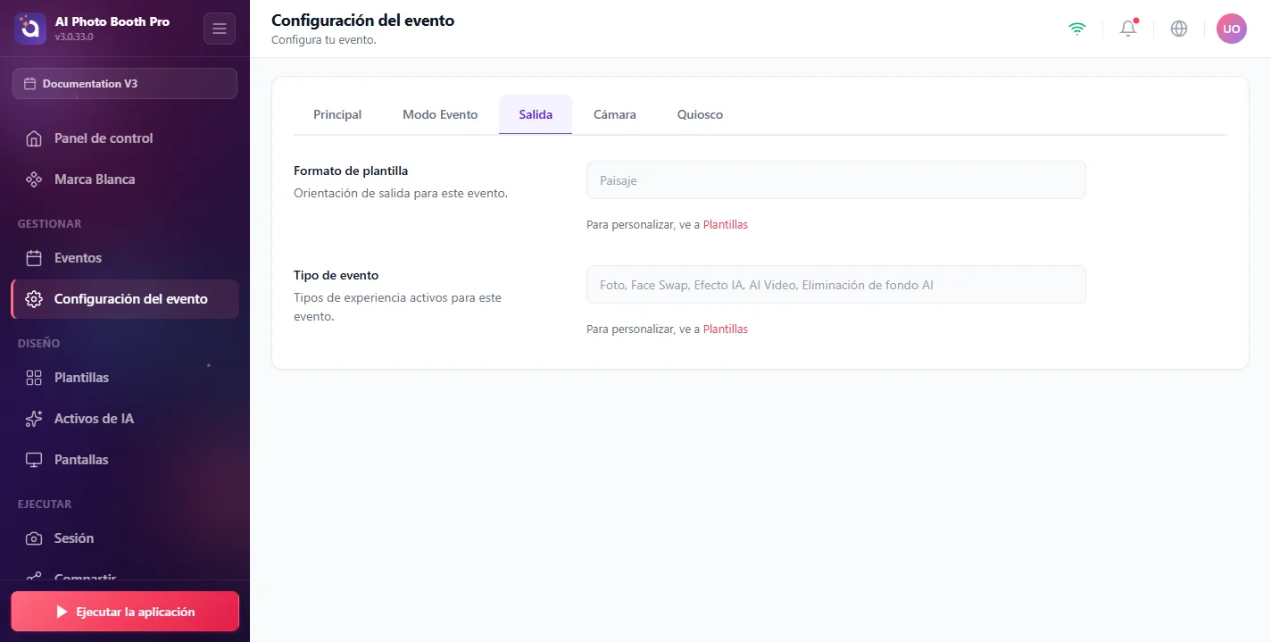 Configuración del evento, Output