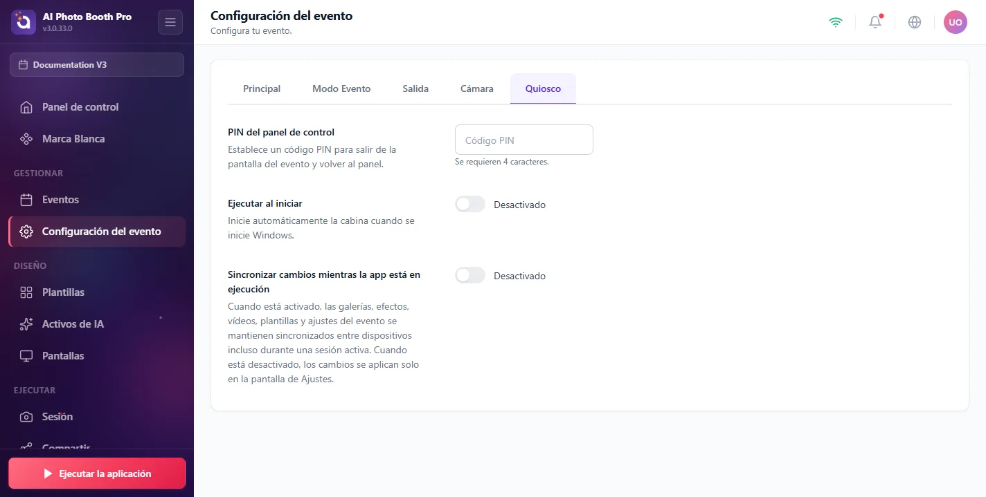 Configuración del evento, Kiosk