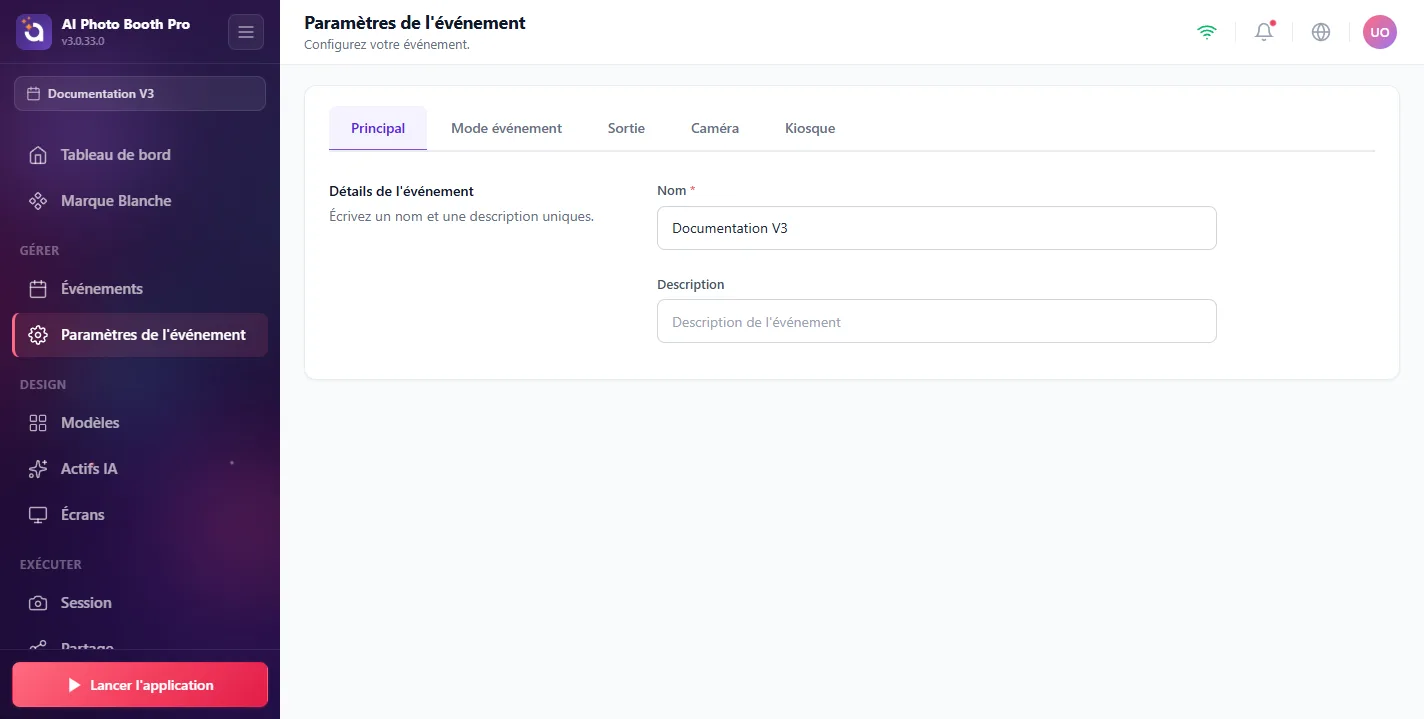 Paramètres de l'événement, Main