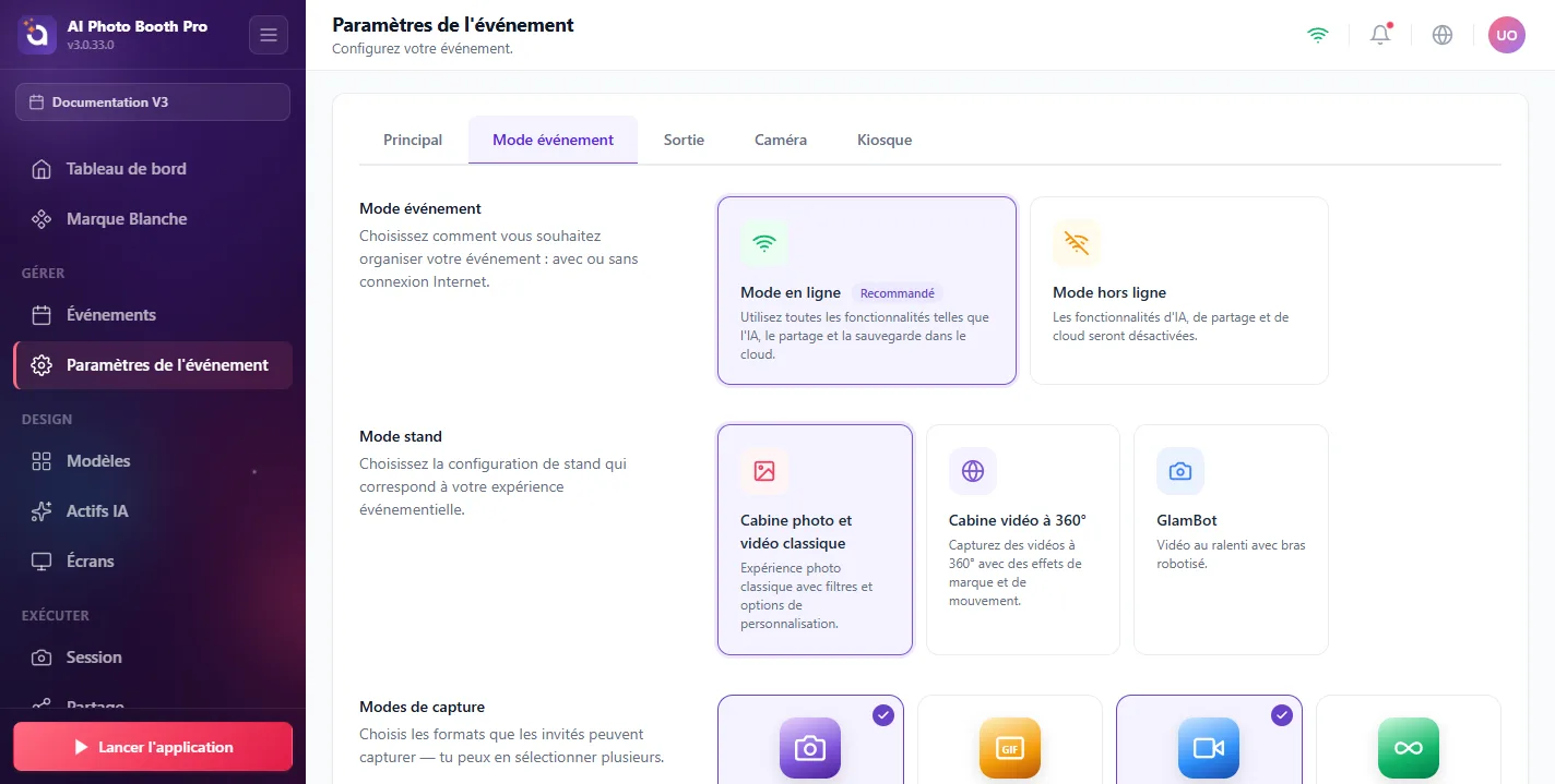Paramètres de l'événement, Event Mode