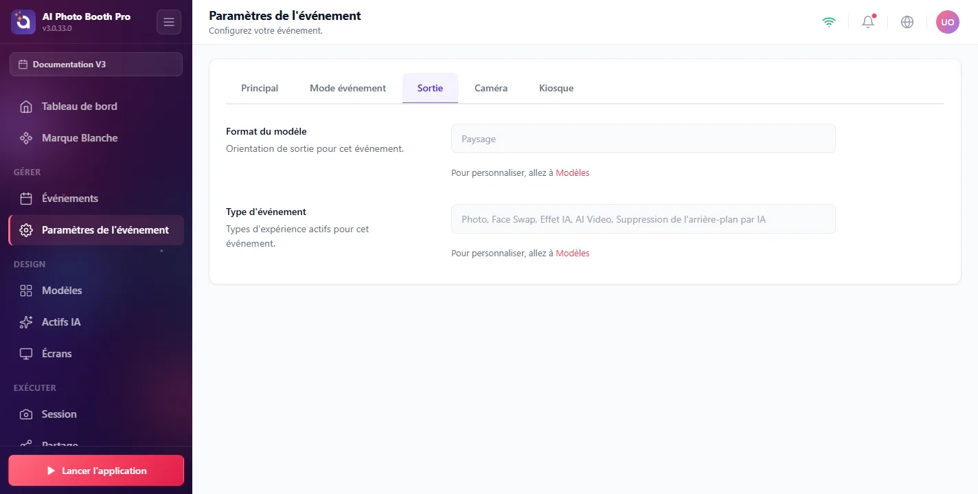 Paramètres de l'événement, Output