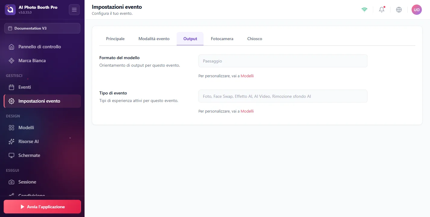 Impostazioni evento, Output