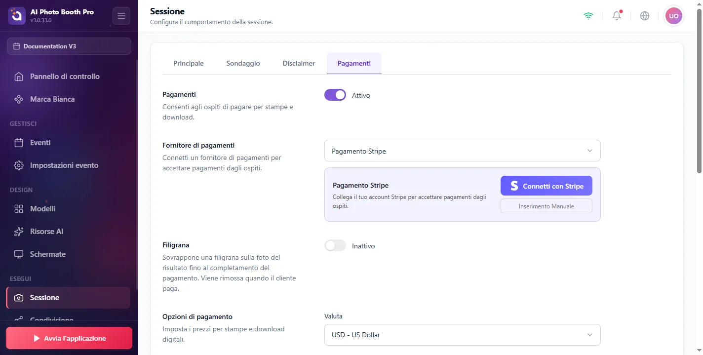 Sessione, Payments / Stripe