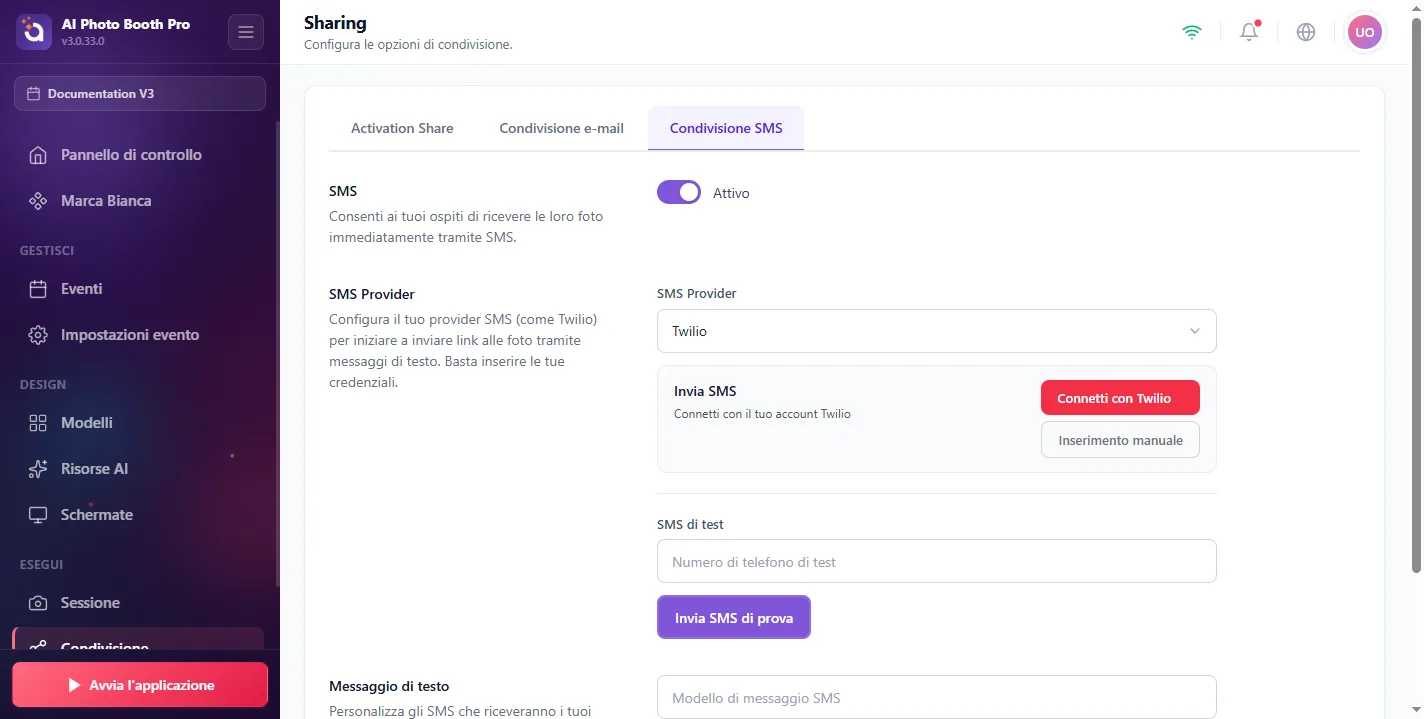 Condivisione, SMS / Twilio