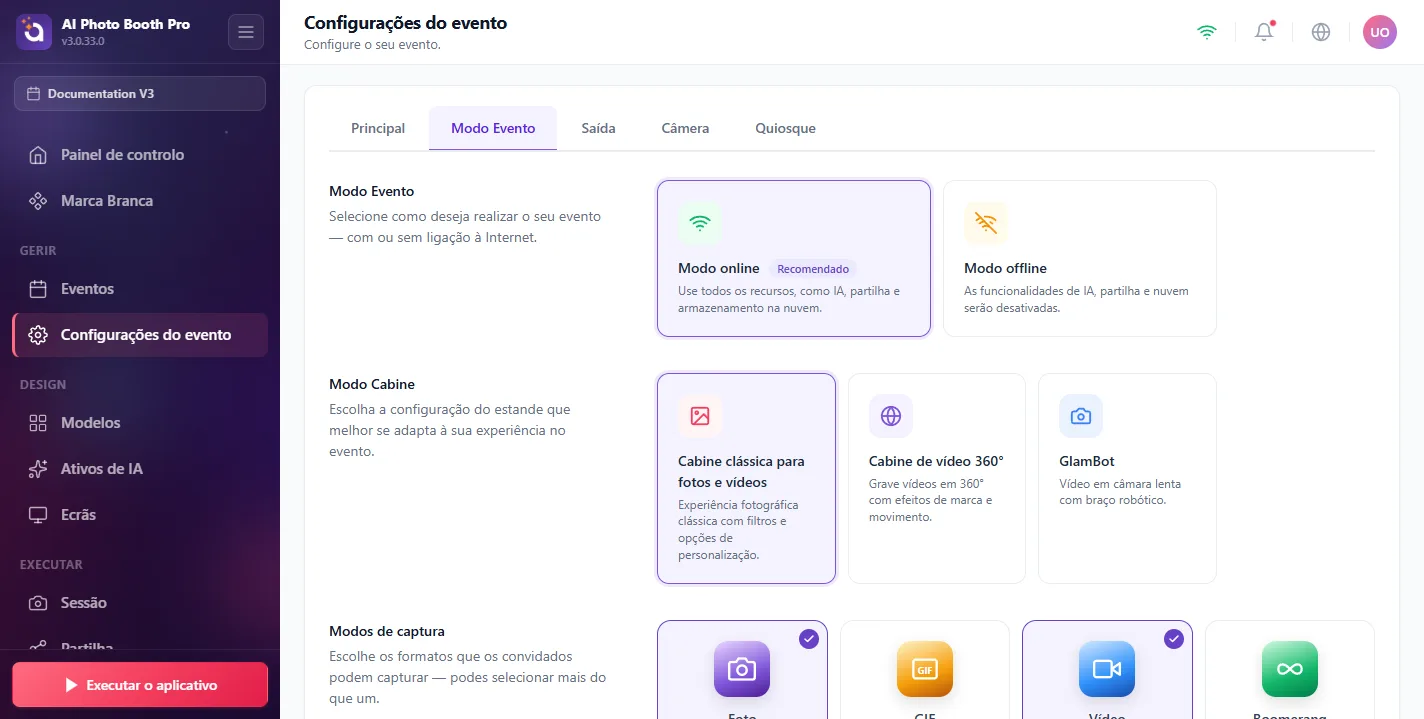 Definições do evento, Event Mode