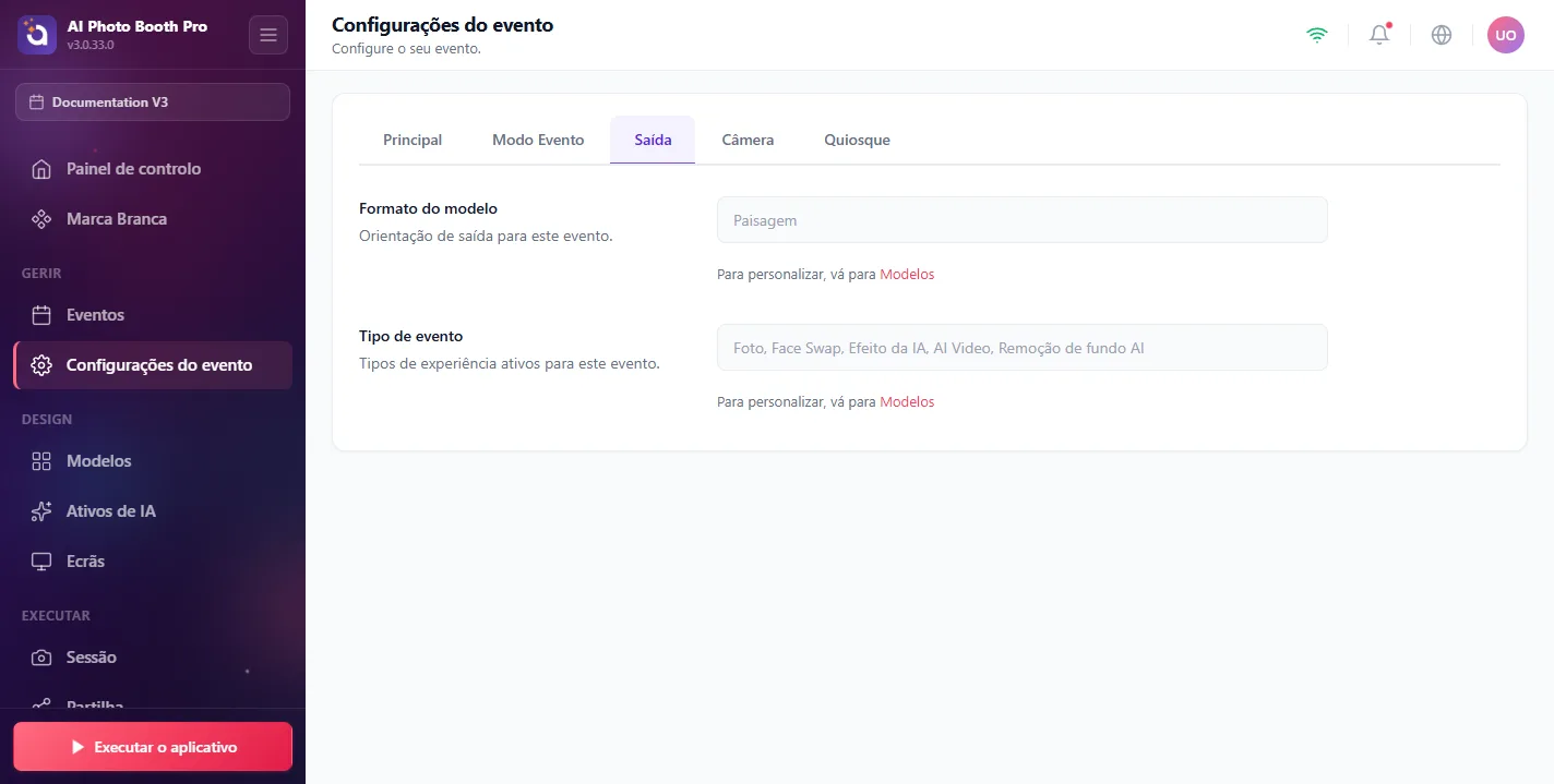 Definições do evento, Output