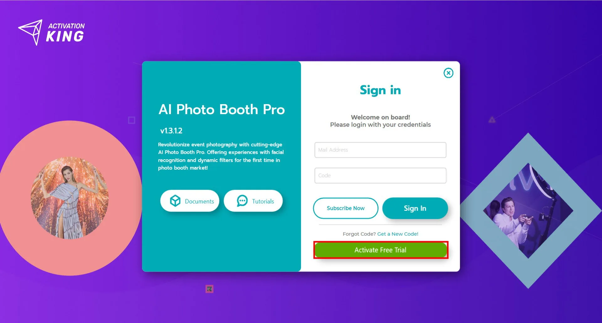 Pantalla de inicio de AI Photo Booth Pro con el botón Activar prueba gratuita