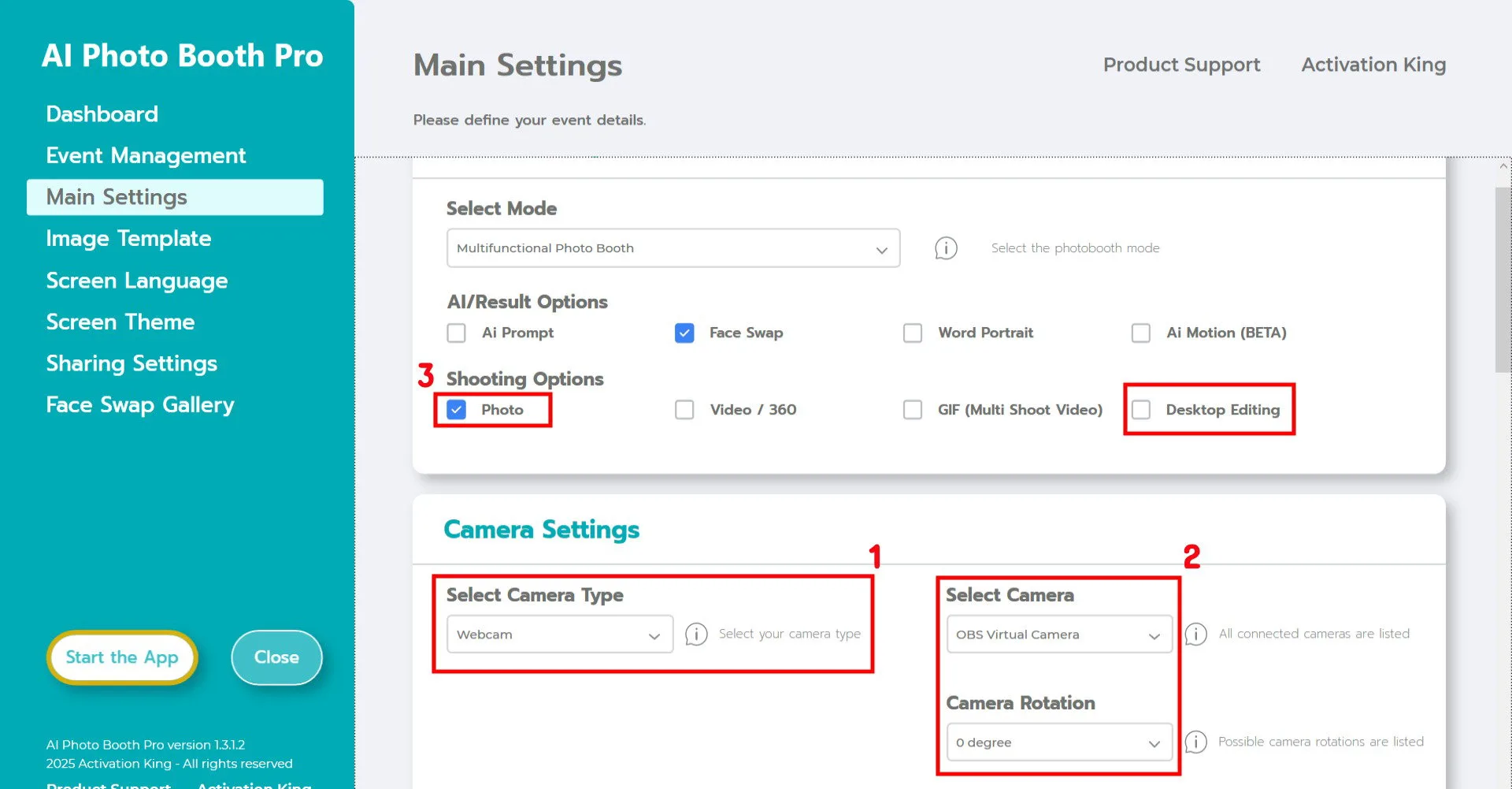 Impostazioni fotocamera con Seleziona tipo fotocamera, Seleziona fotocamera, Rotazione fotocamera e Opzioni di scatto