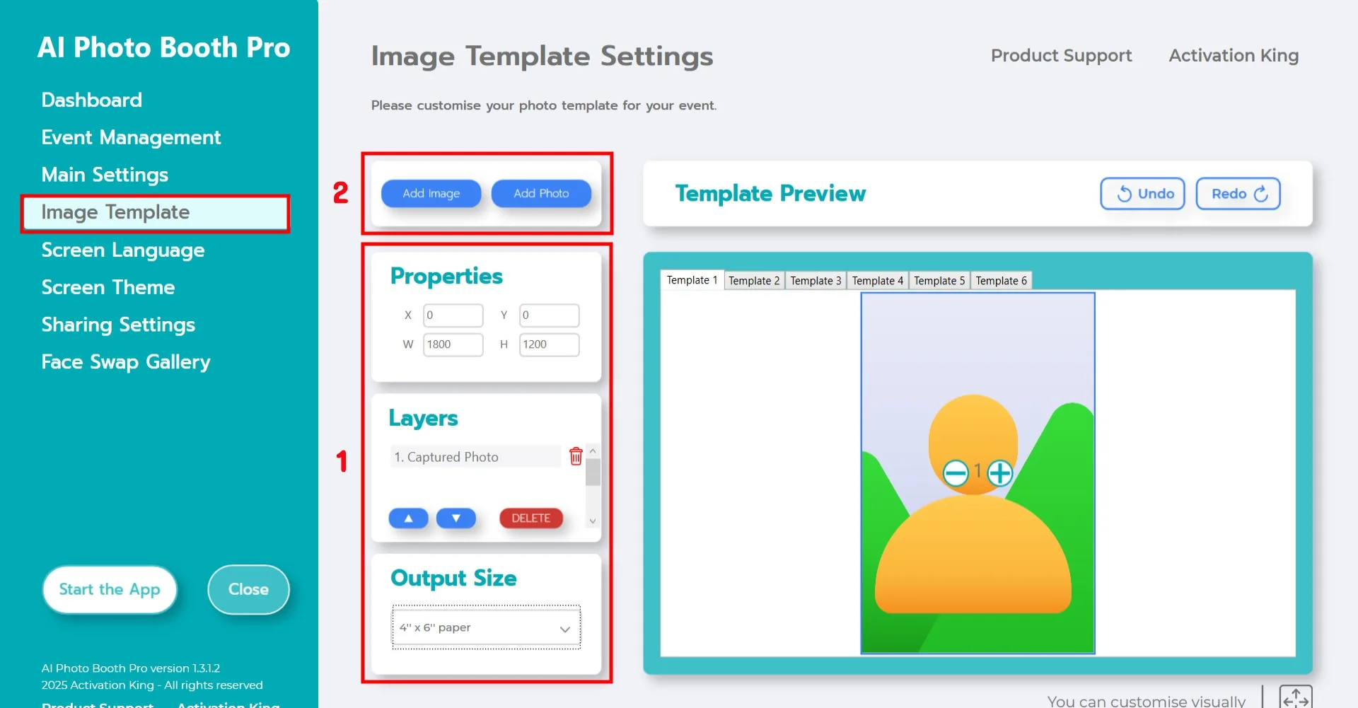 Sezione Impostazioni modello immagine con Dimensione output e pulsante Aggiungi immagine