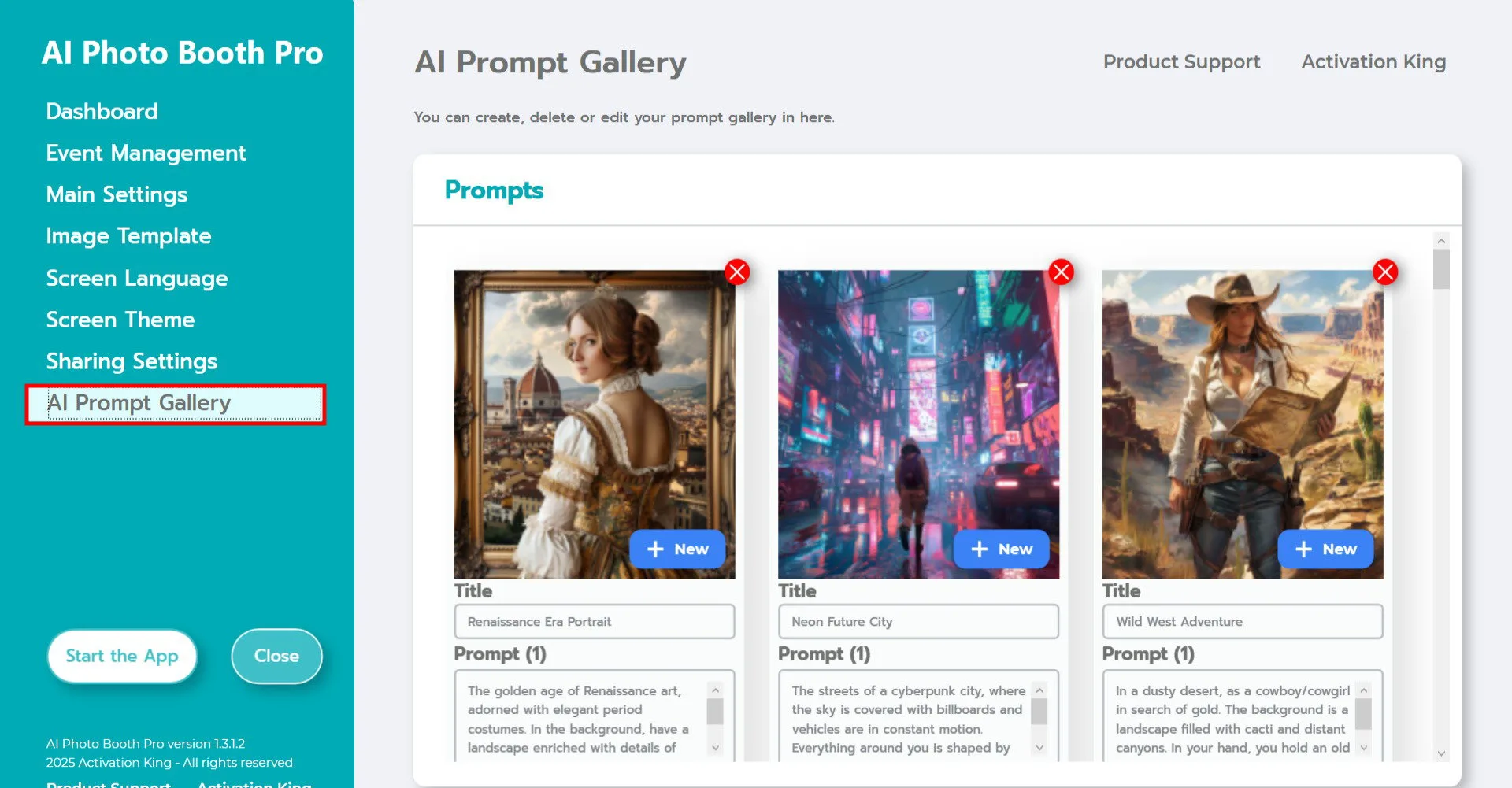 Einstellungsseite für Beispiel-Prompts mit der Liste der integrierten Prompts