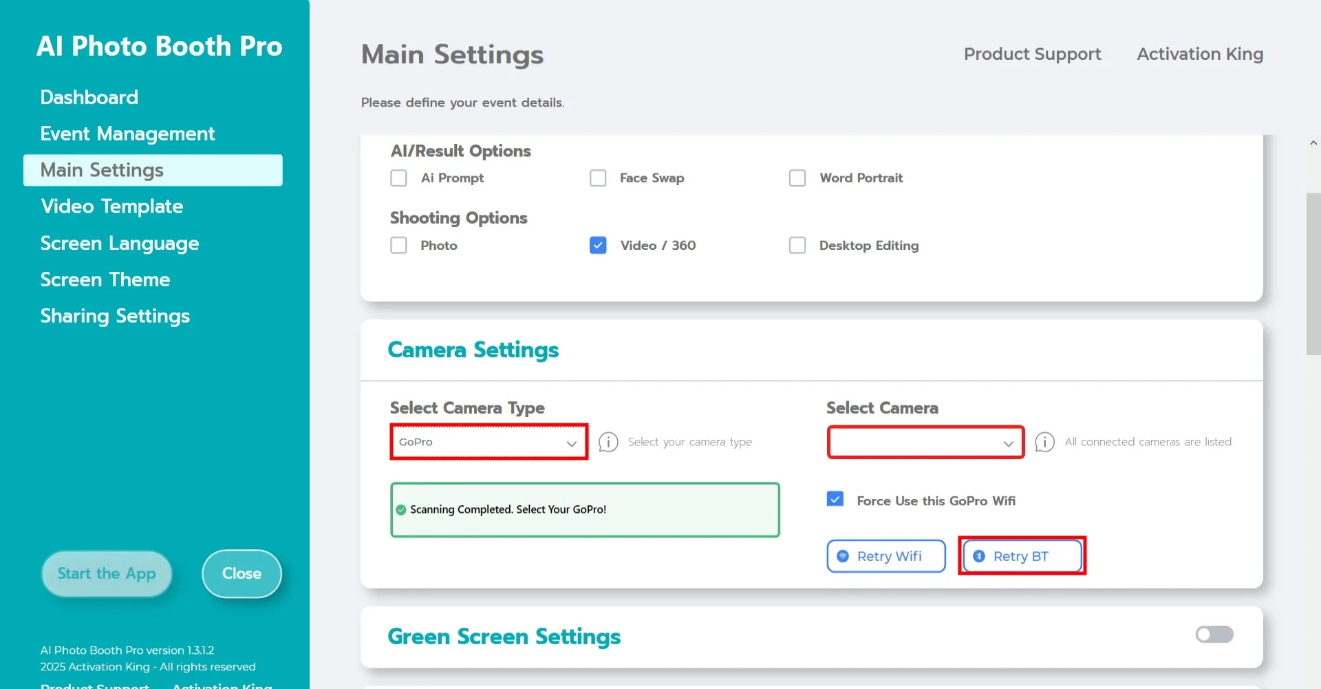 Sezione impostazioni fotocamera con opzioni di connessione GoPro