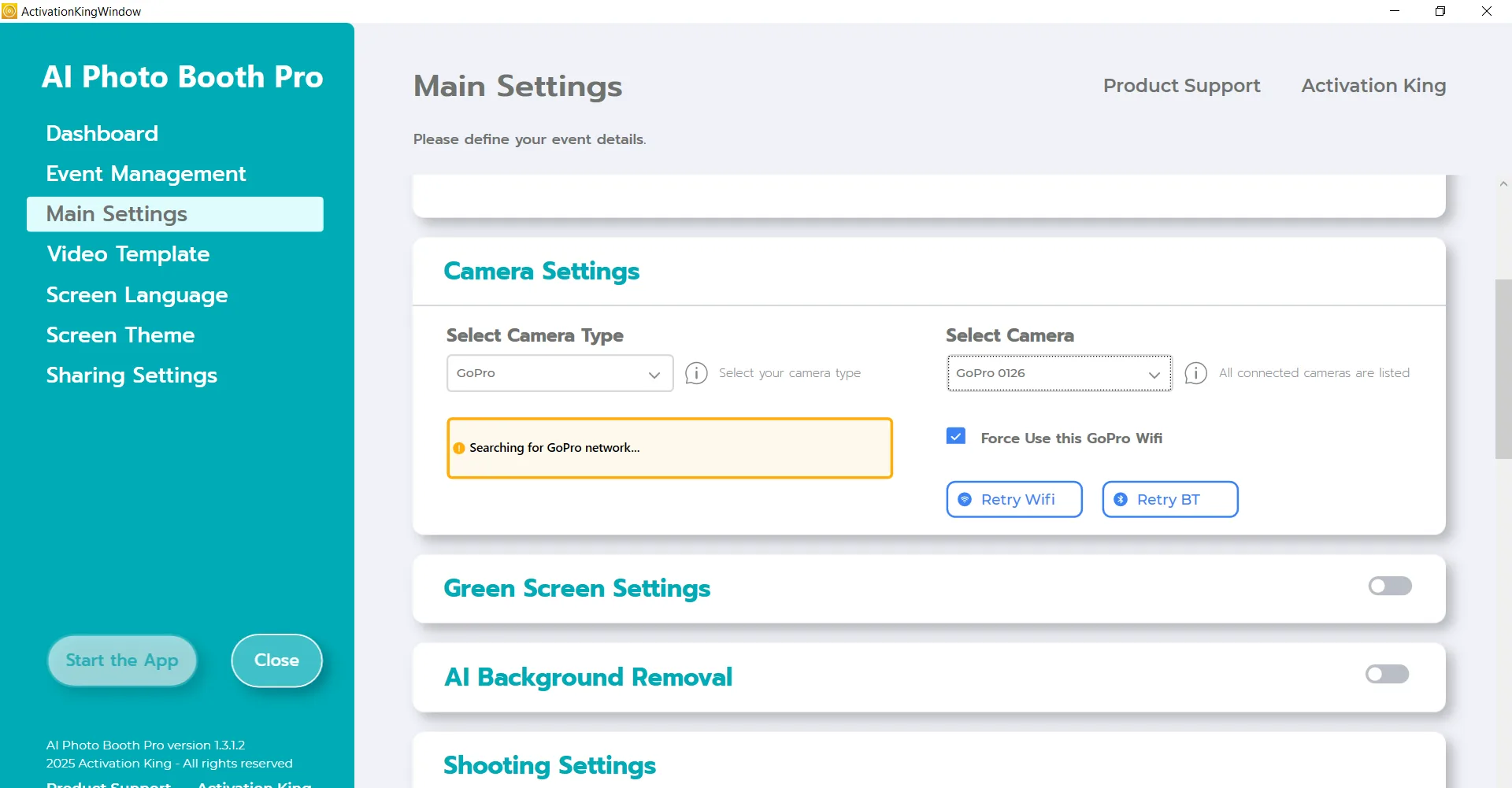 Impostazioni fotocamera con GoPro selezionato nel menu a discesa Seleziona fotocamera