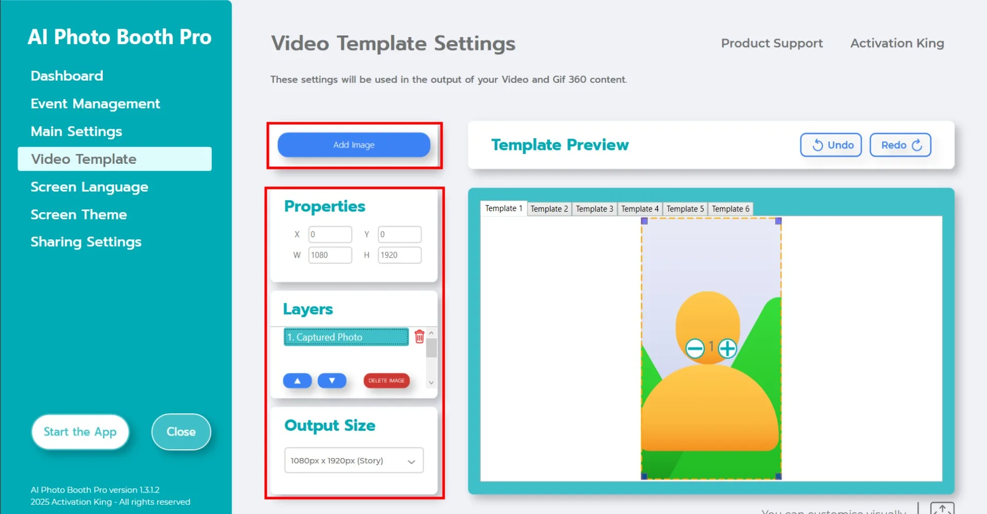 Sezione impostazioni modello video con dimensione output e controlli aggiungi immagine