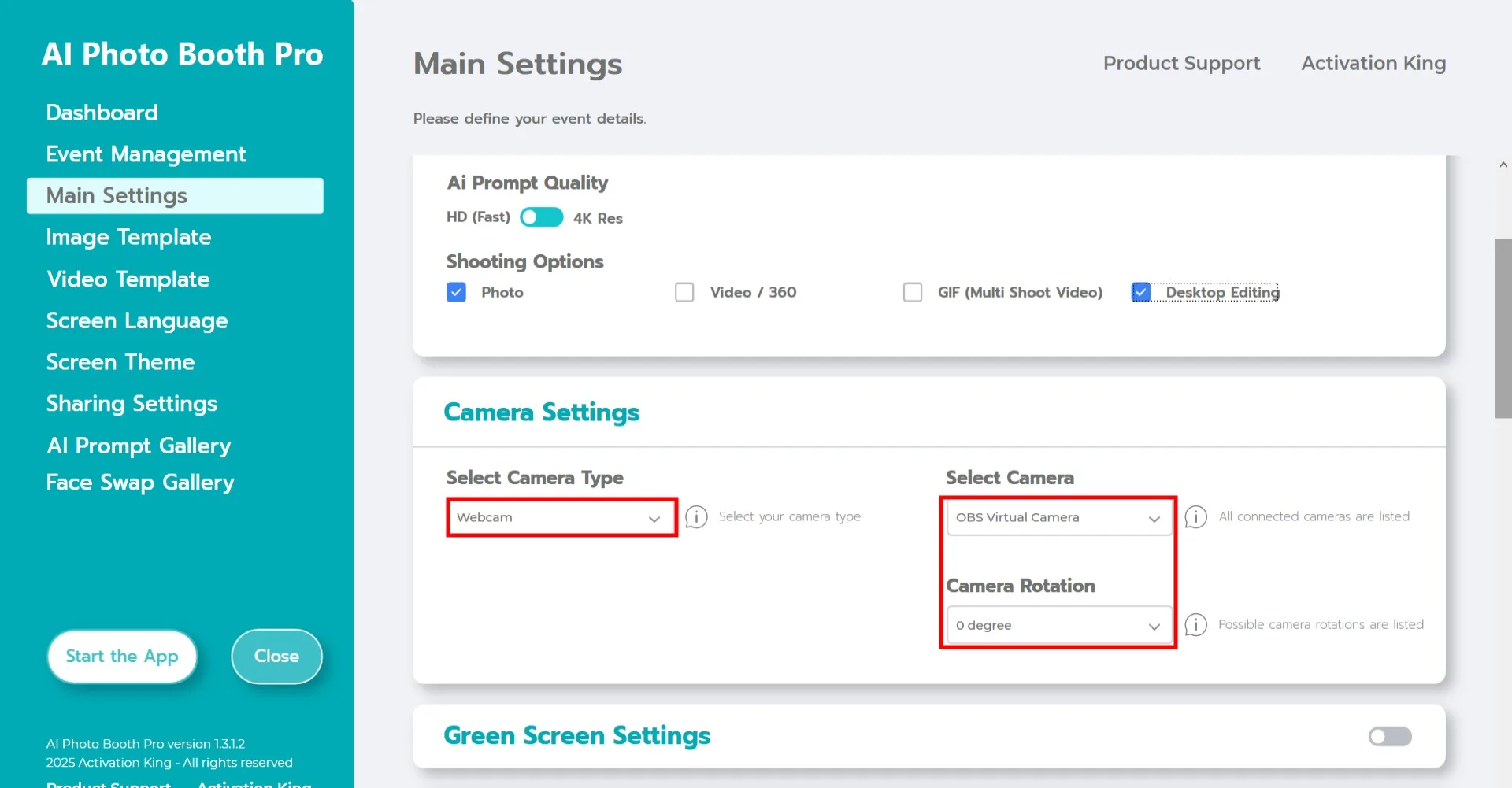 Schermata impostazioni fotocamera con i campi Seleziona tipo fotocamera, Seleziona fotocamera e Rotazione fotocamera