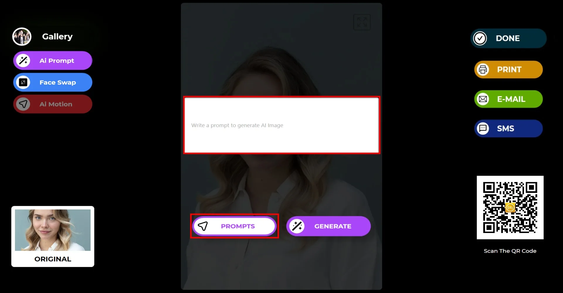 Schermata della modalità AI Prompt con un campo di input testo e un pulsante Prompt
