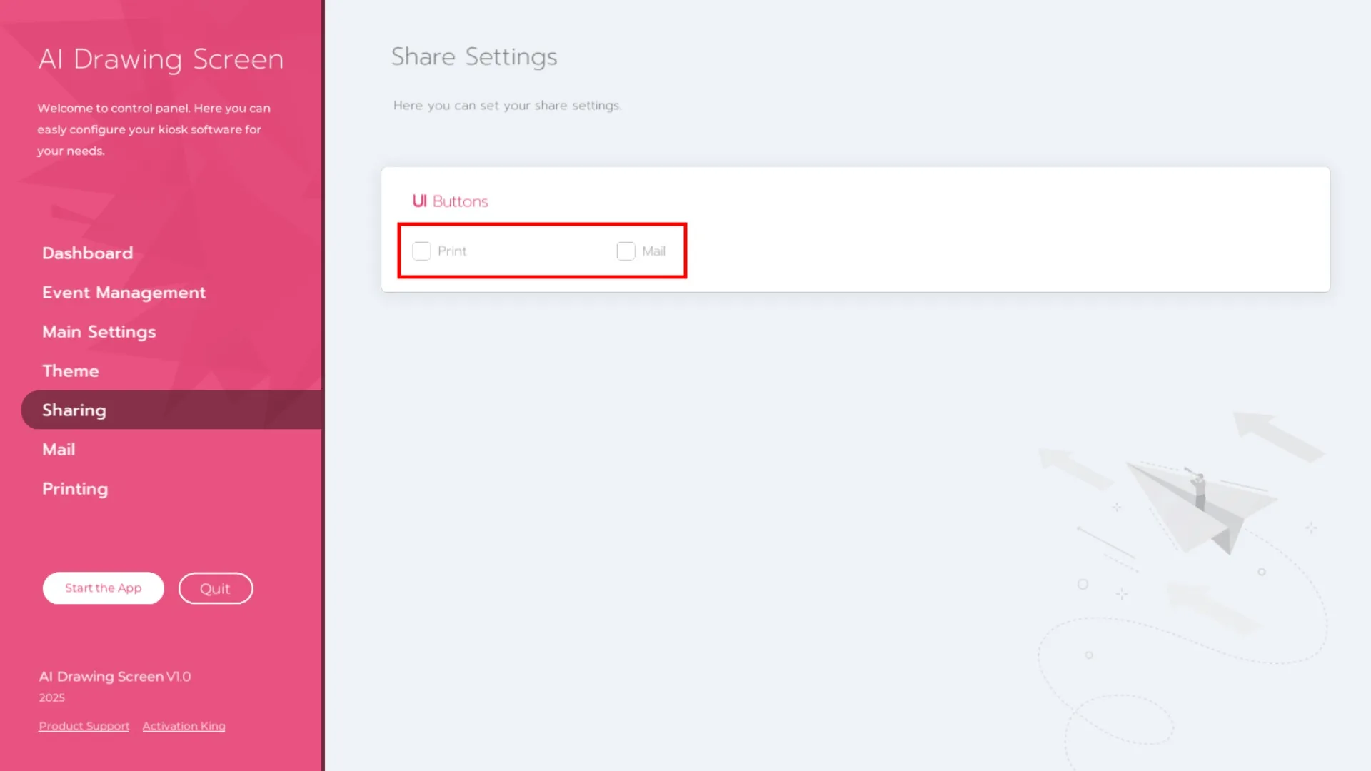Freigabeeinstellungen-Panel mit Druck- und E-Mail-Optionen