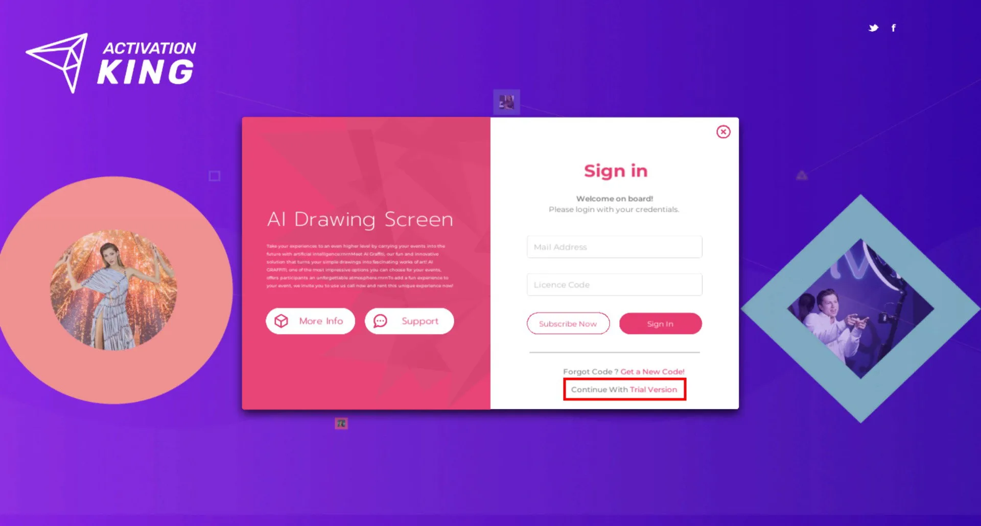 Schermata di avvio di AI Drawing Screen con il link Trial Version in basso