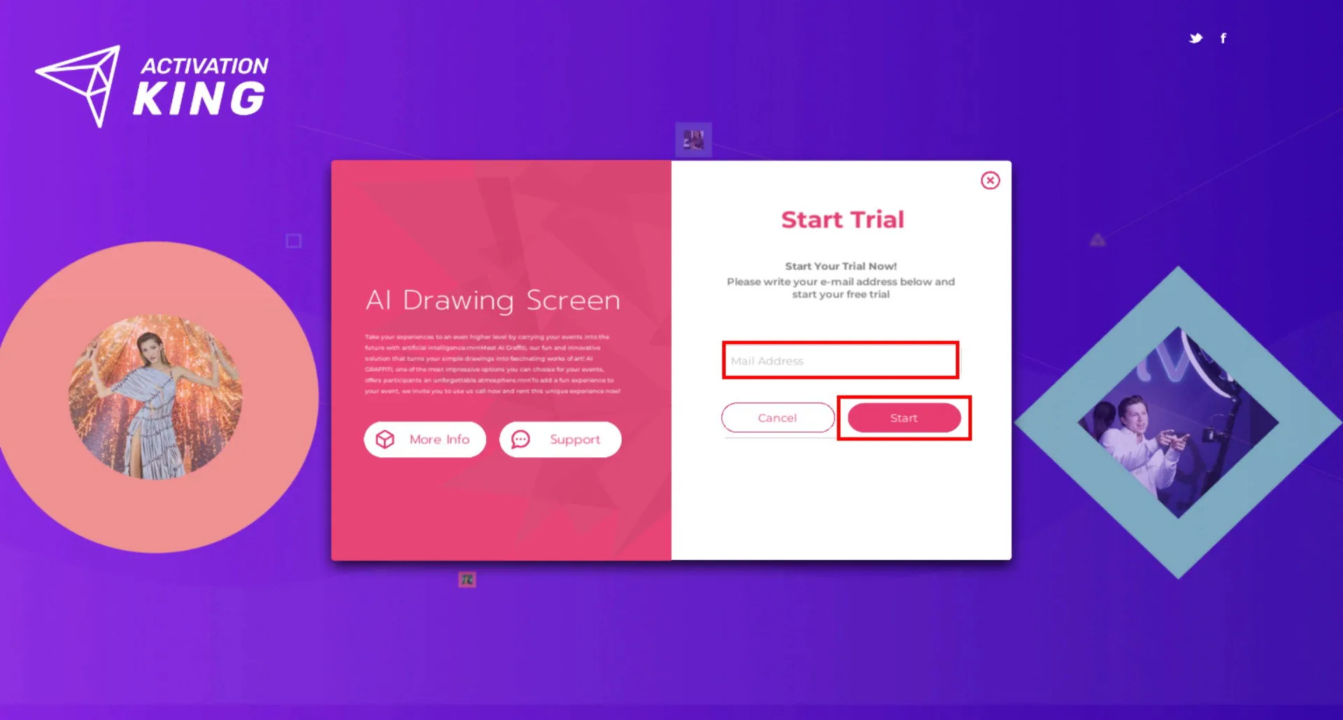 Schermata di attivazione della prova con campo di inserimento e-mail e pulsante Start