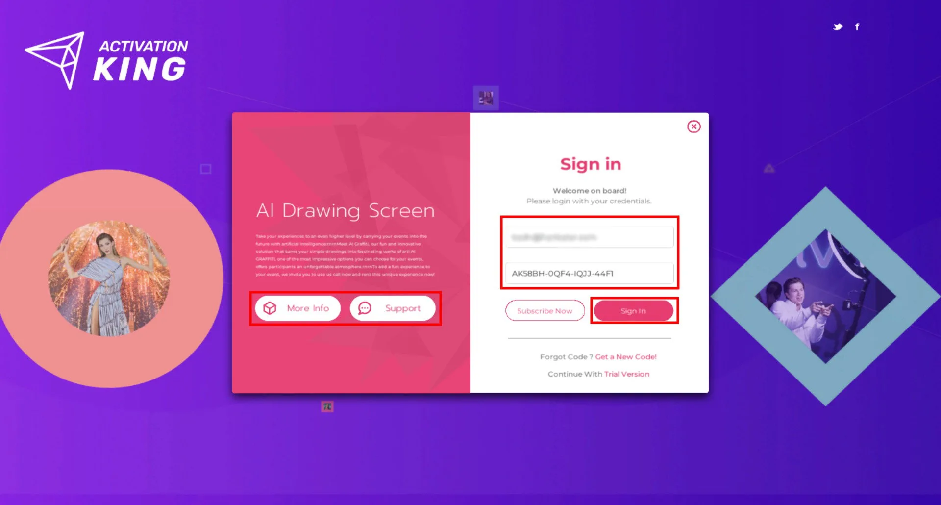 Schermata di accesso con campi per indirizzo e-mail e chiave di licenza