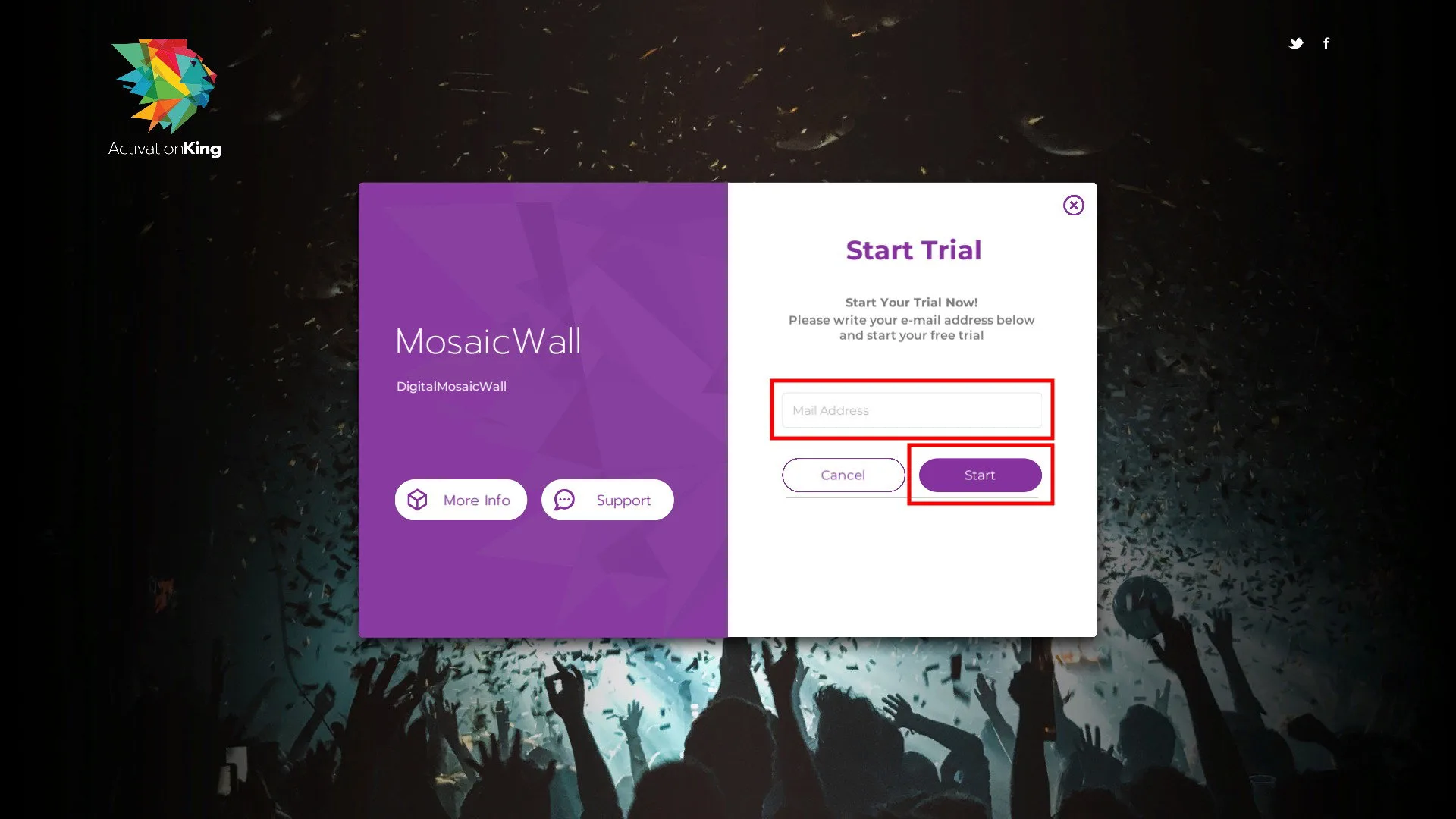 Écran d'activation de l'essai montrant le champ de saisie d'e-mail et le bouton Start