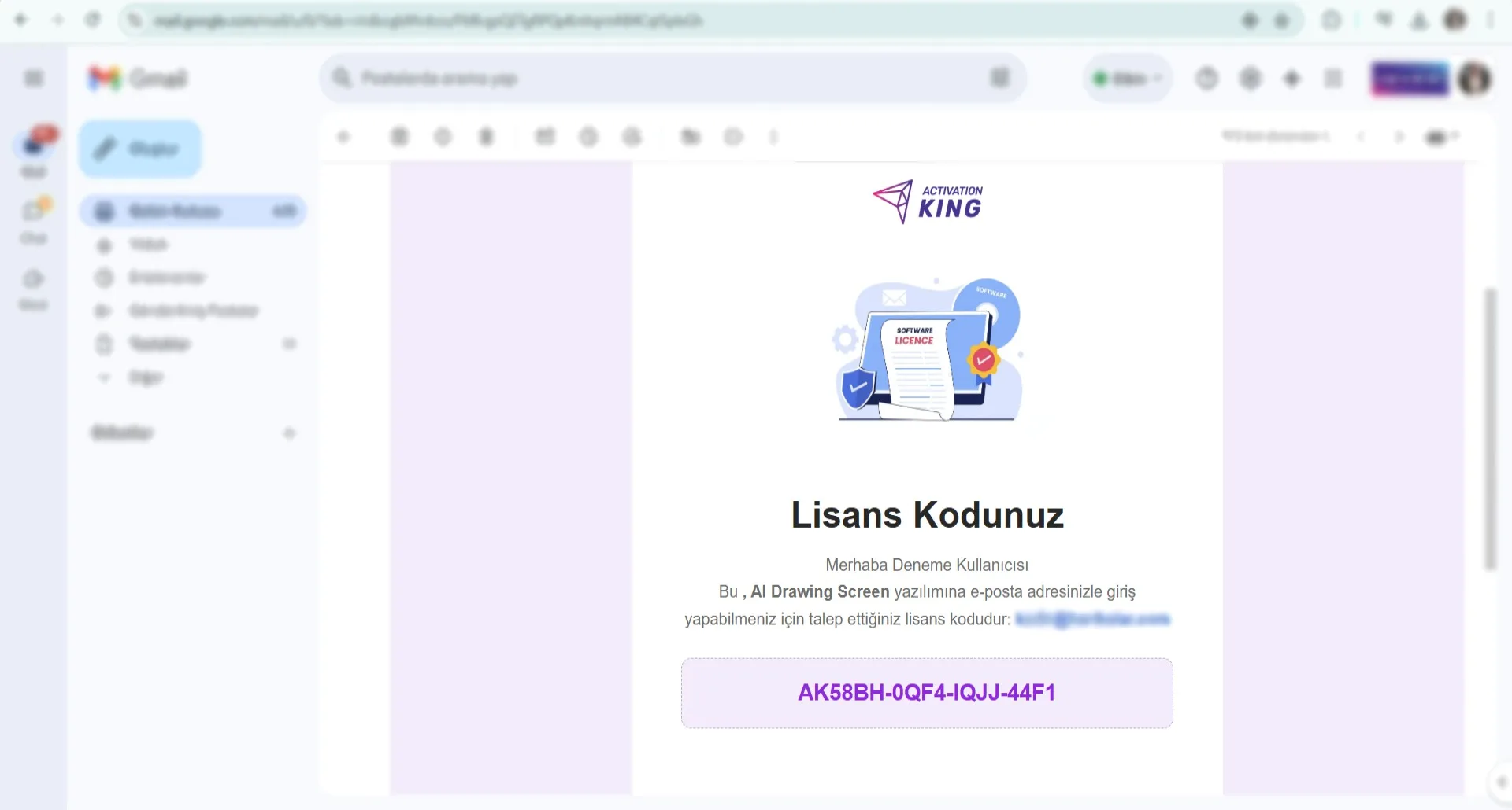 Écran de confirmation indiquant que la clé de licence a été envoyée par e-mail