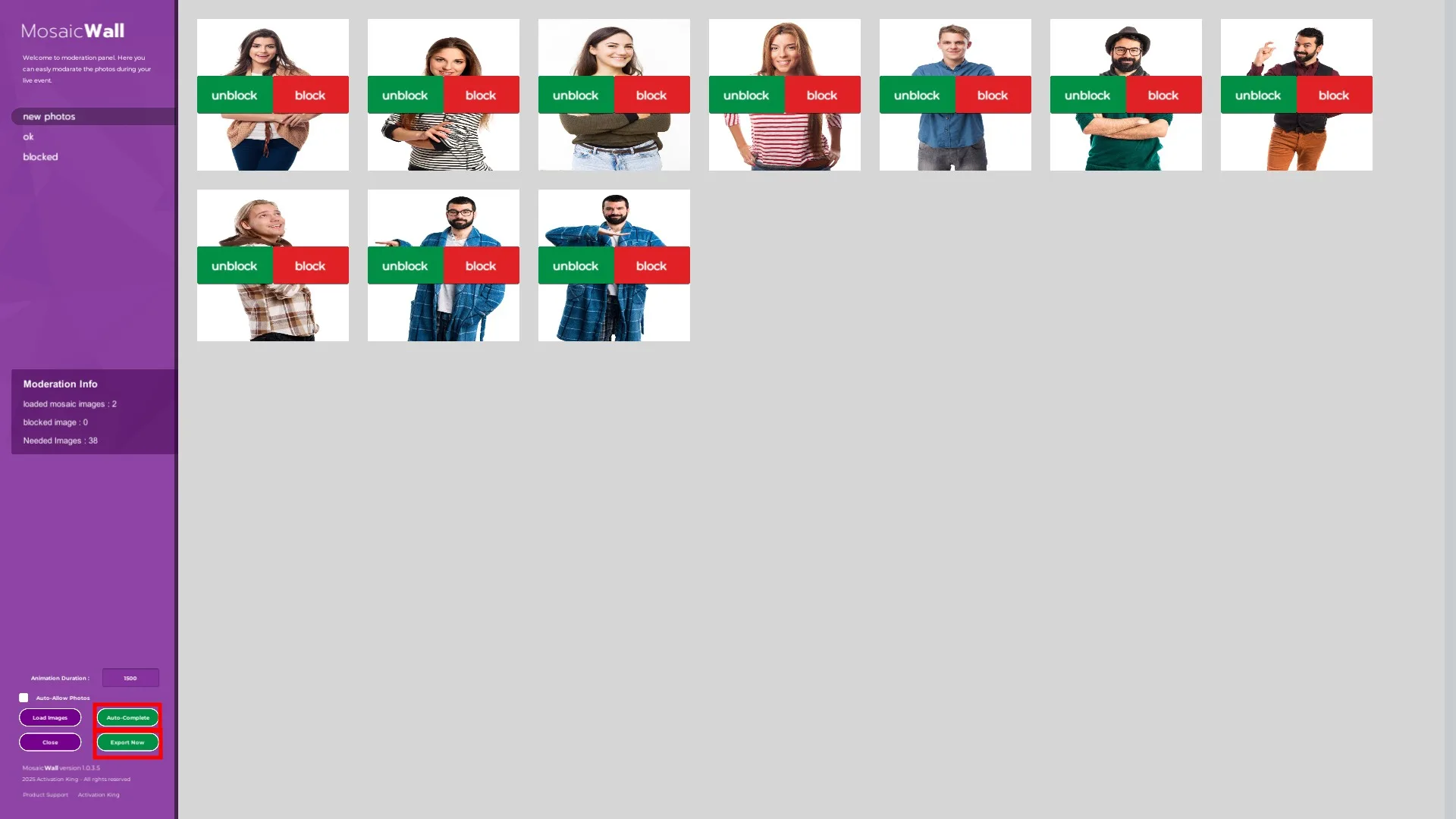 Bouton Démarrer l'application et vue d'ensemble de l'écran de modération