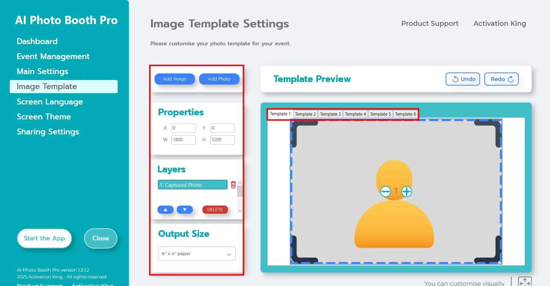 Pannello Impostazioni modello con Dimensione output, pulsante Aggiungi immagine e Livelli modello