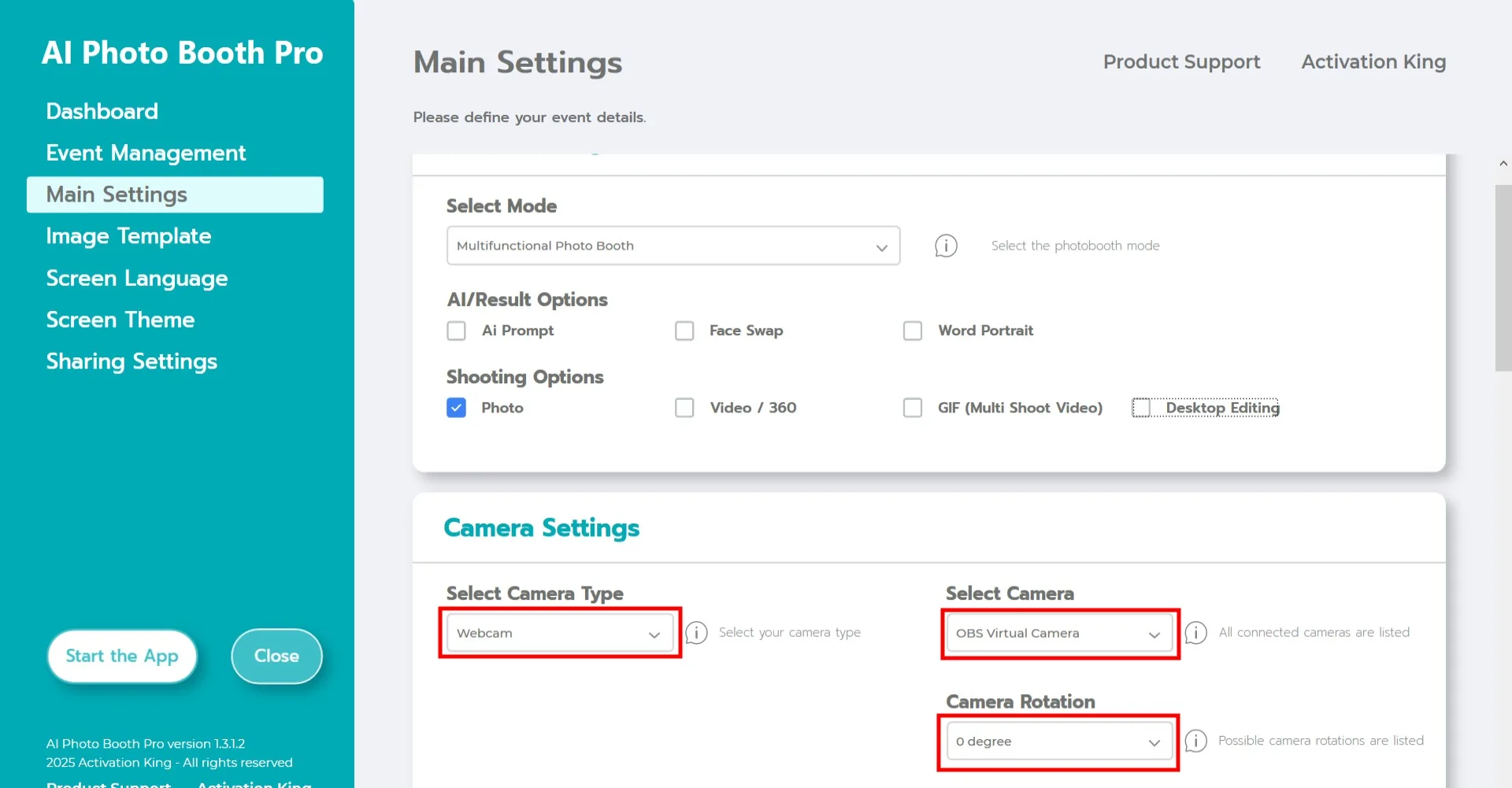 Sezione impostazioni fotocamera con menu a discesa Seleziona tipo di fotocamera