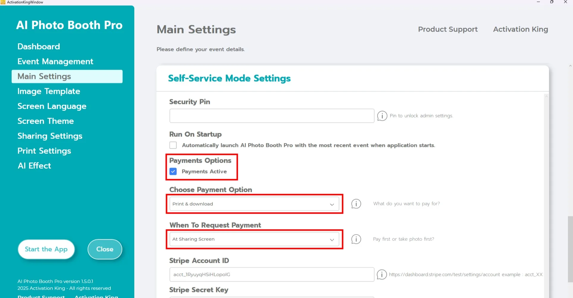 Secao Configuracoes do Modo Self Service com opcoes de pagamento
