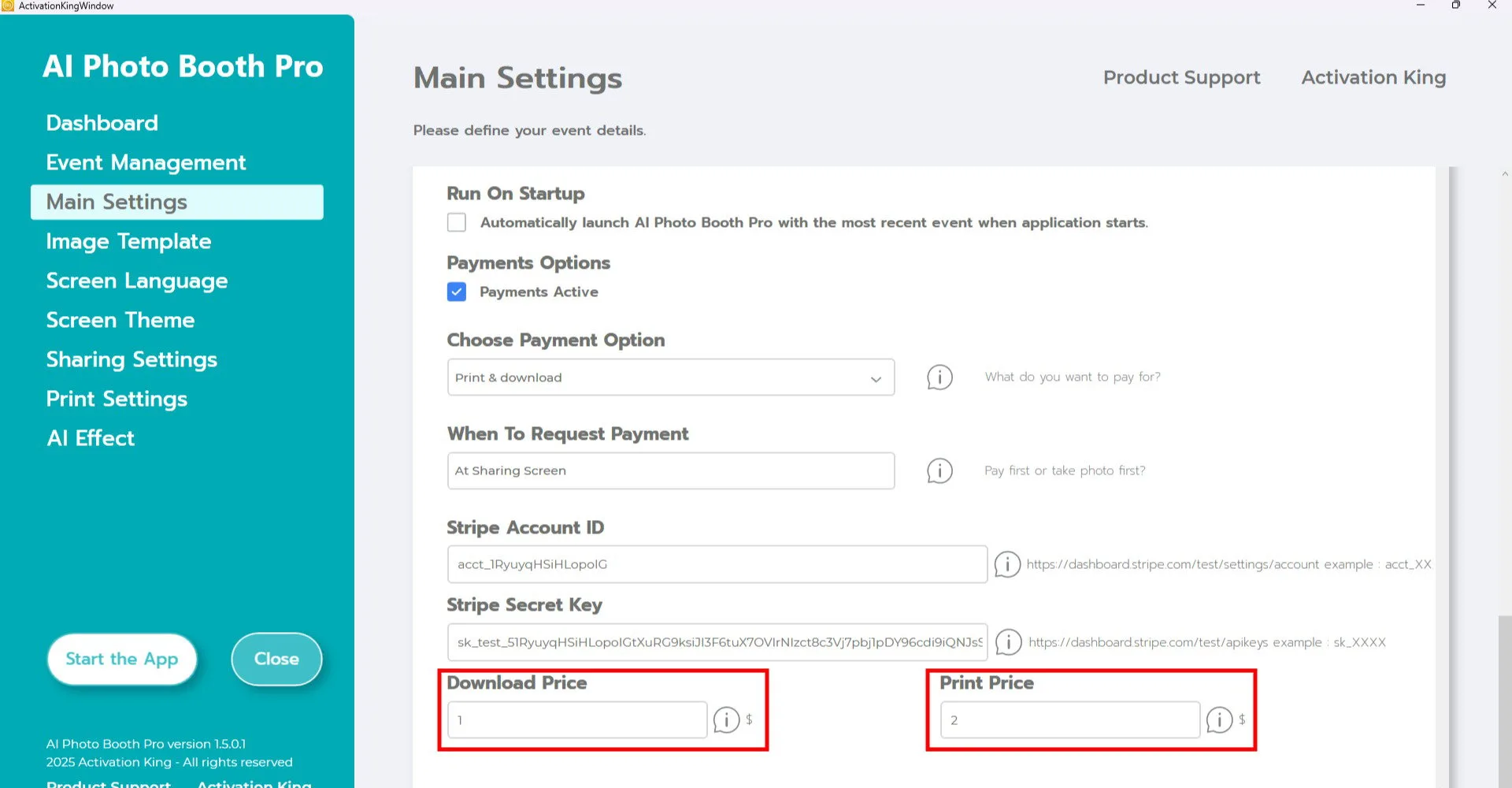 Campos de preco de download e impressao na parte inferior das configuracoes Self Service