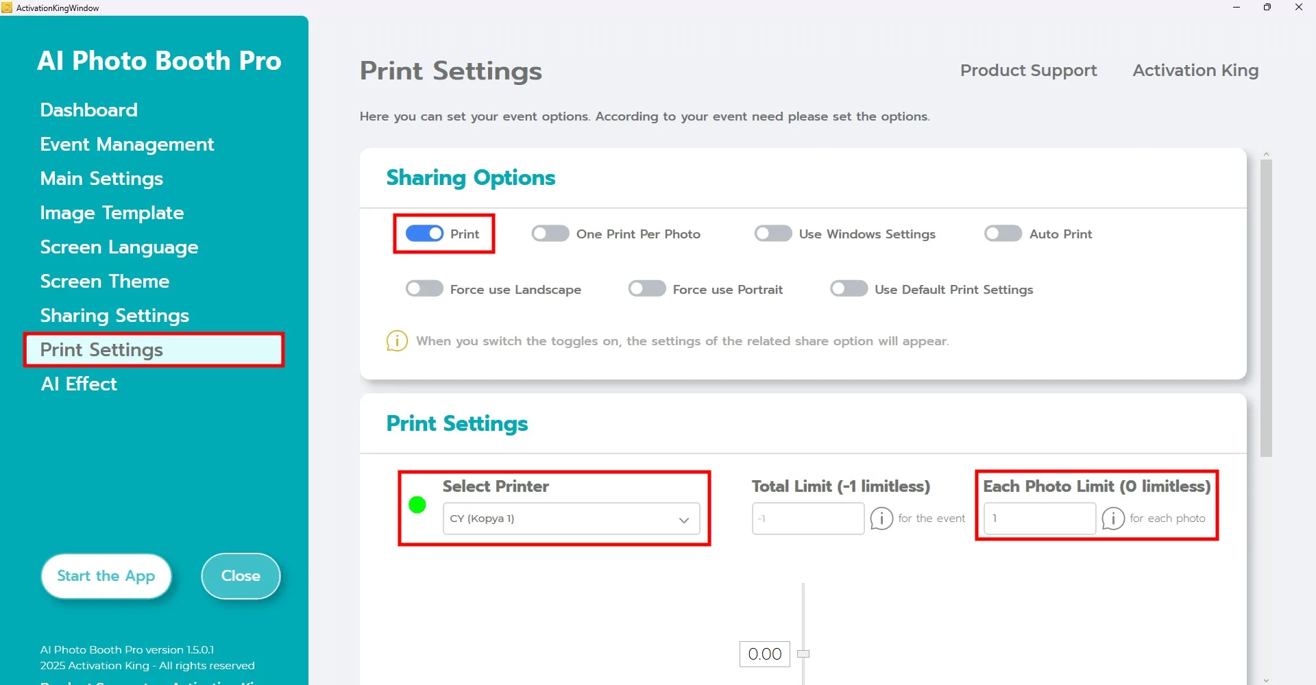 Secao Configuracoes de impressao com campo Limite de fotos