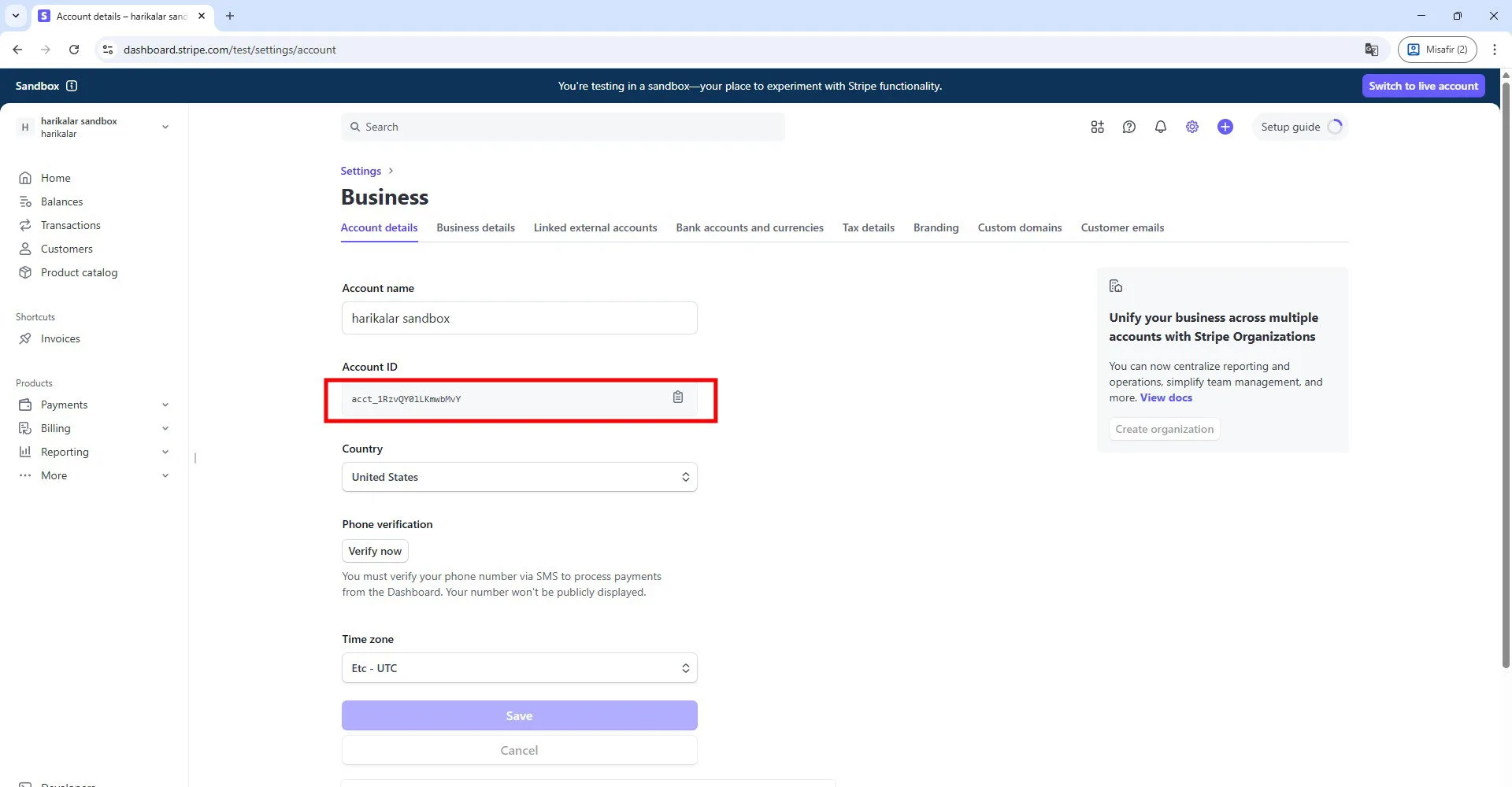 Secao Stripe Account ID com ID copiavel
