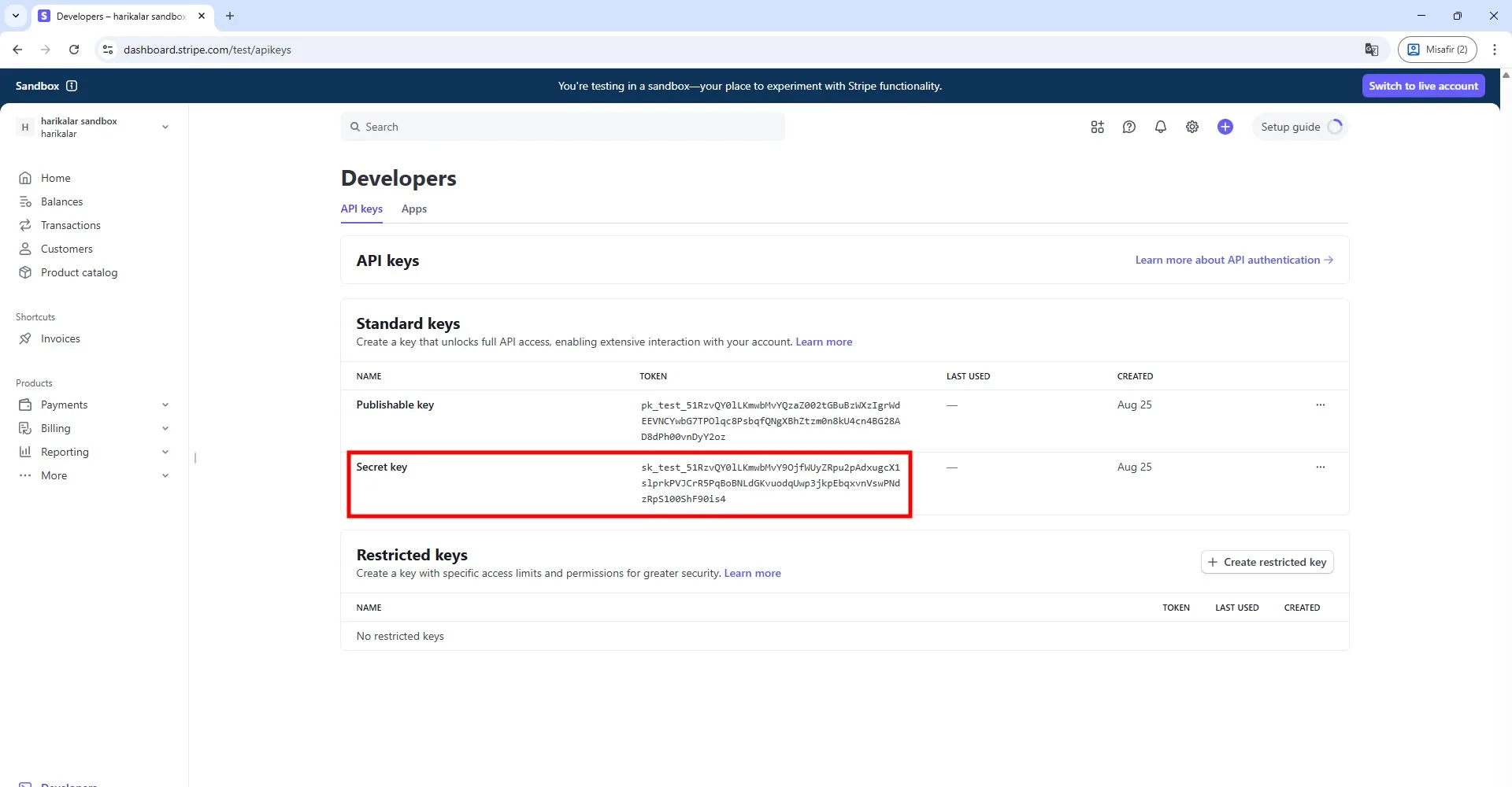 Pagina de chaves API do Stripe mostrando a chave secreta