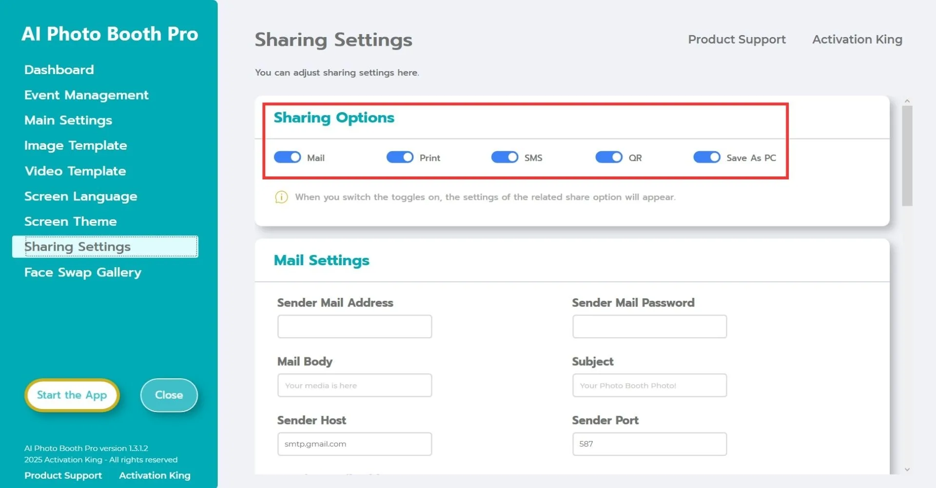 Panoramica della sezione Impostazioni di condivisione con le opzioni di condivisione