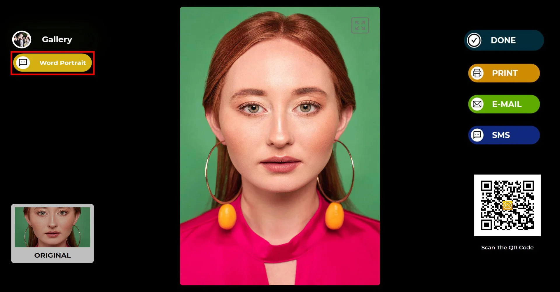 Ergebnisbildschirm mit dem aufgenommenen Foto und einer Schaltfläche Word Portrait