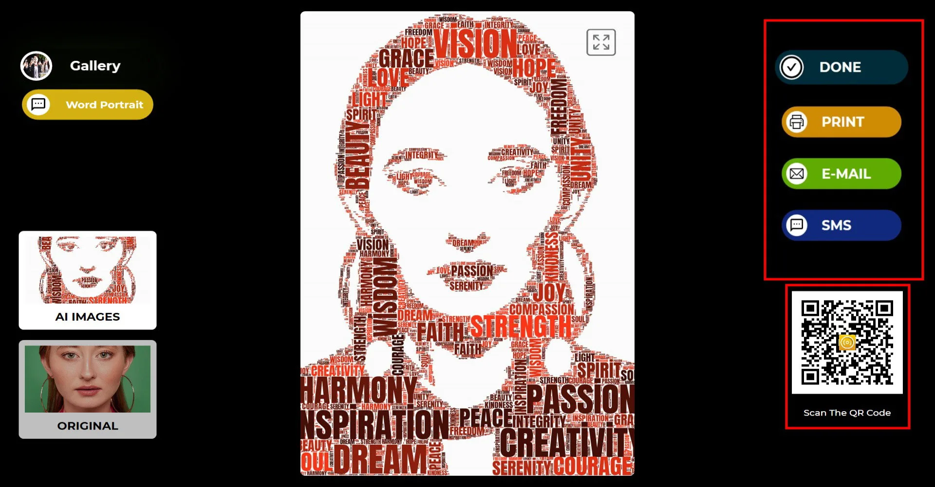 Word Portrait-Ergebnis mit dem in Text gerendertem Bild und Freigabeoptionen