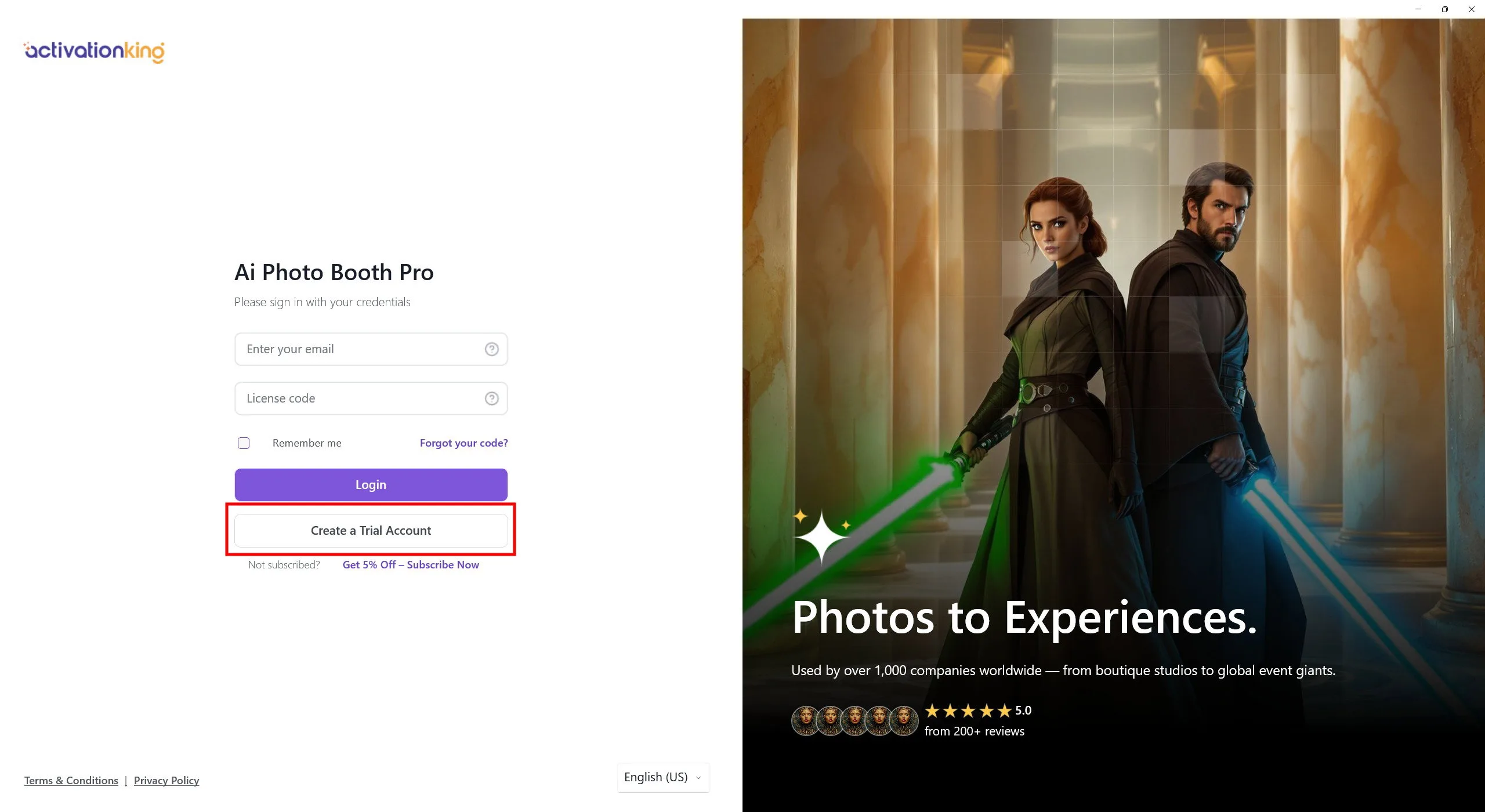 Écran d'accueil de AI Photo Booth Pro affichant le bouton Créer un compte d'essai