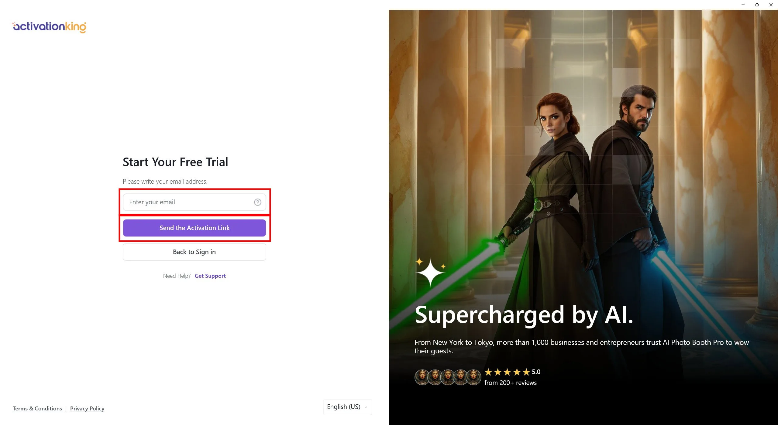 Écran d'activation avec le champ d'adresse e-mail et le bouton Envoyer le lien d'activation