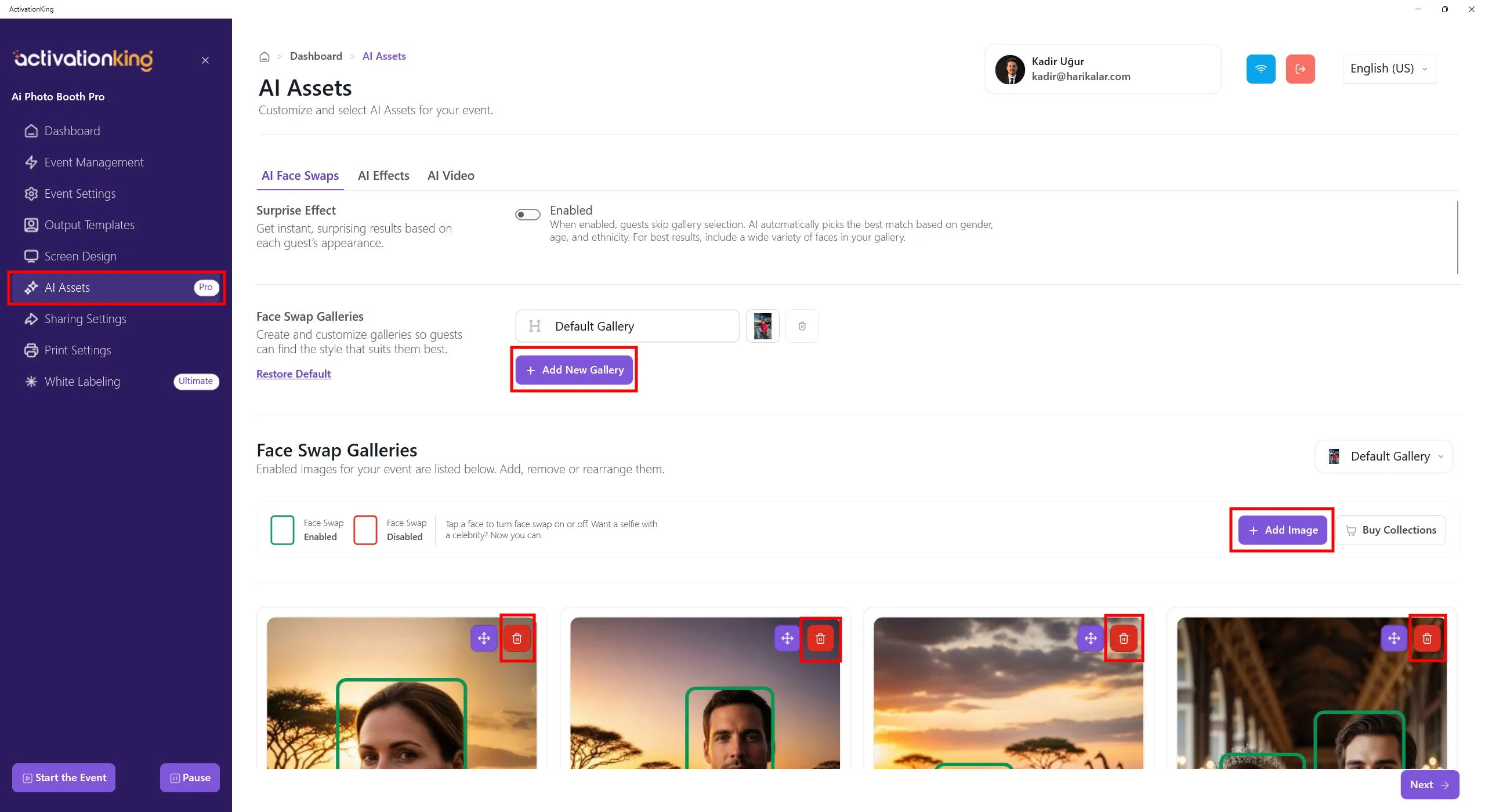 KI-Assets-Seite mit Standard-FaceSwap-Bildern und der Schaltfläche Bild hinzufügen