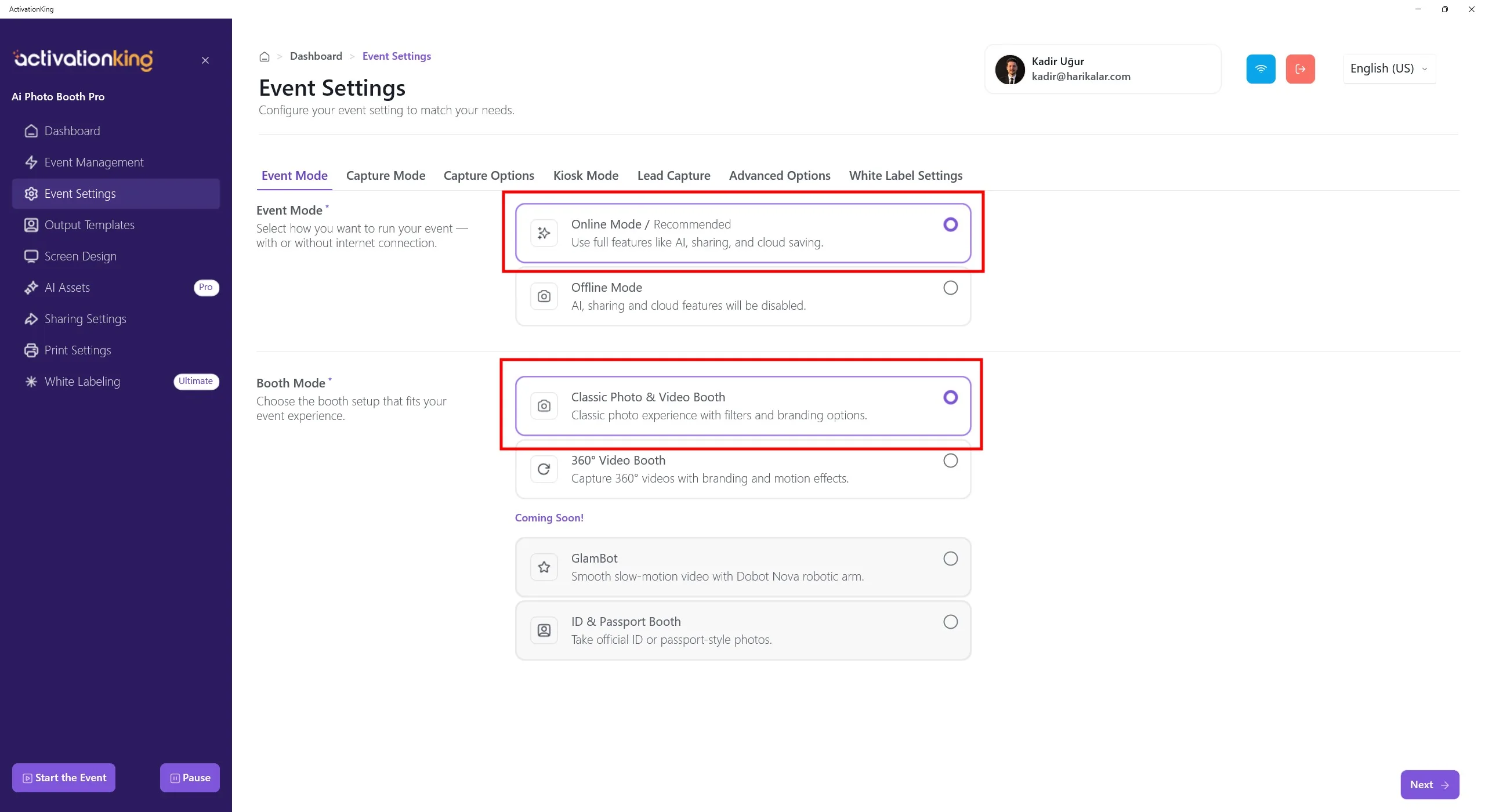 Página de configurações do evento com opções de seleção de modo