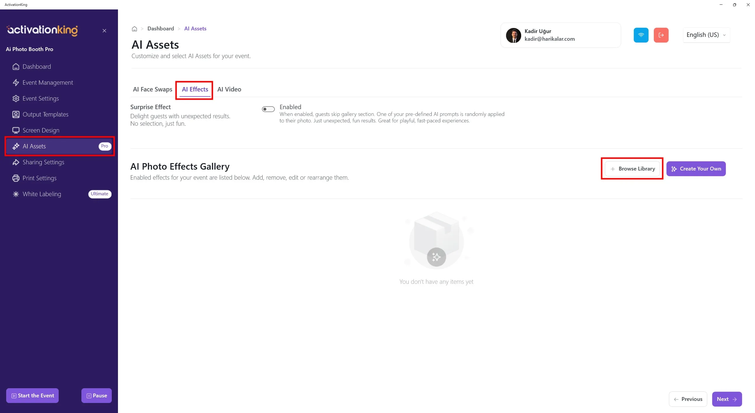 Página AI Assets mostrando os efeitos padrão e o botão Procurar biblioteca