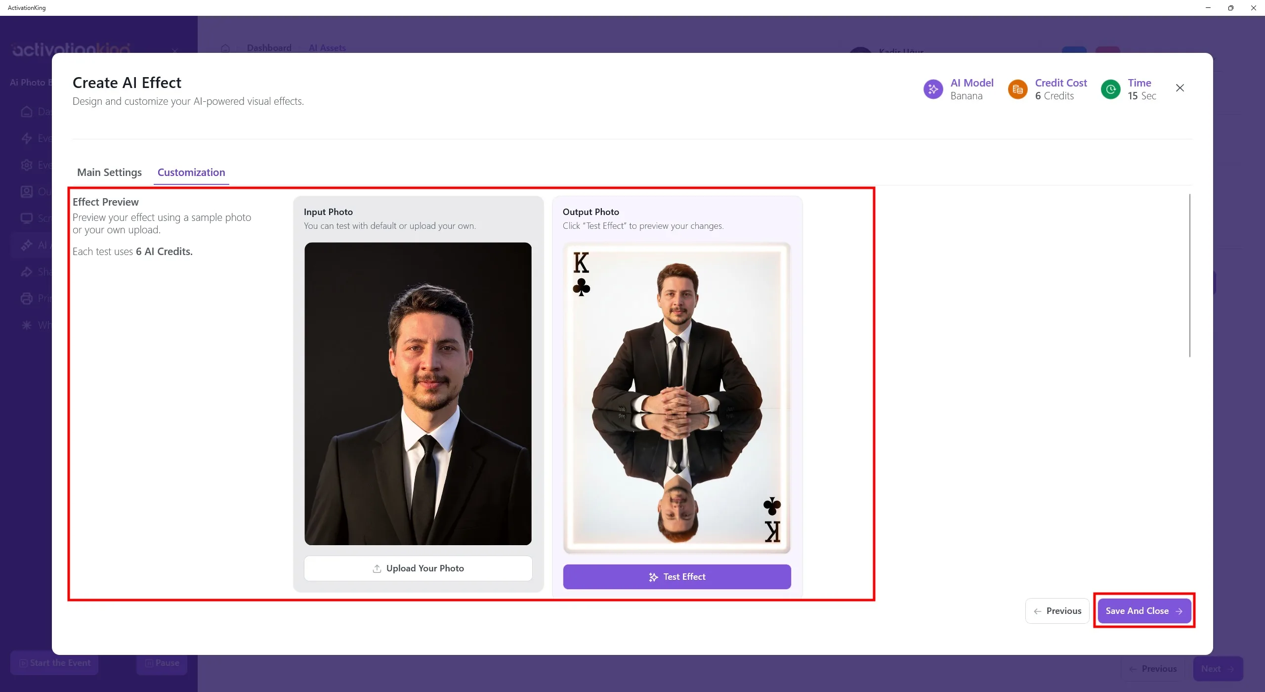 Visualização do resultado do teste de prompt com opção para refinar o prompt e botão Salvar e fechar