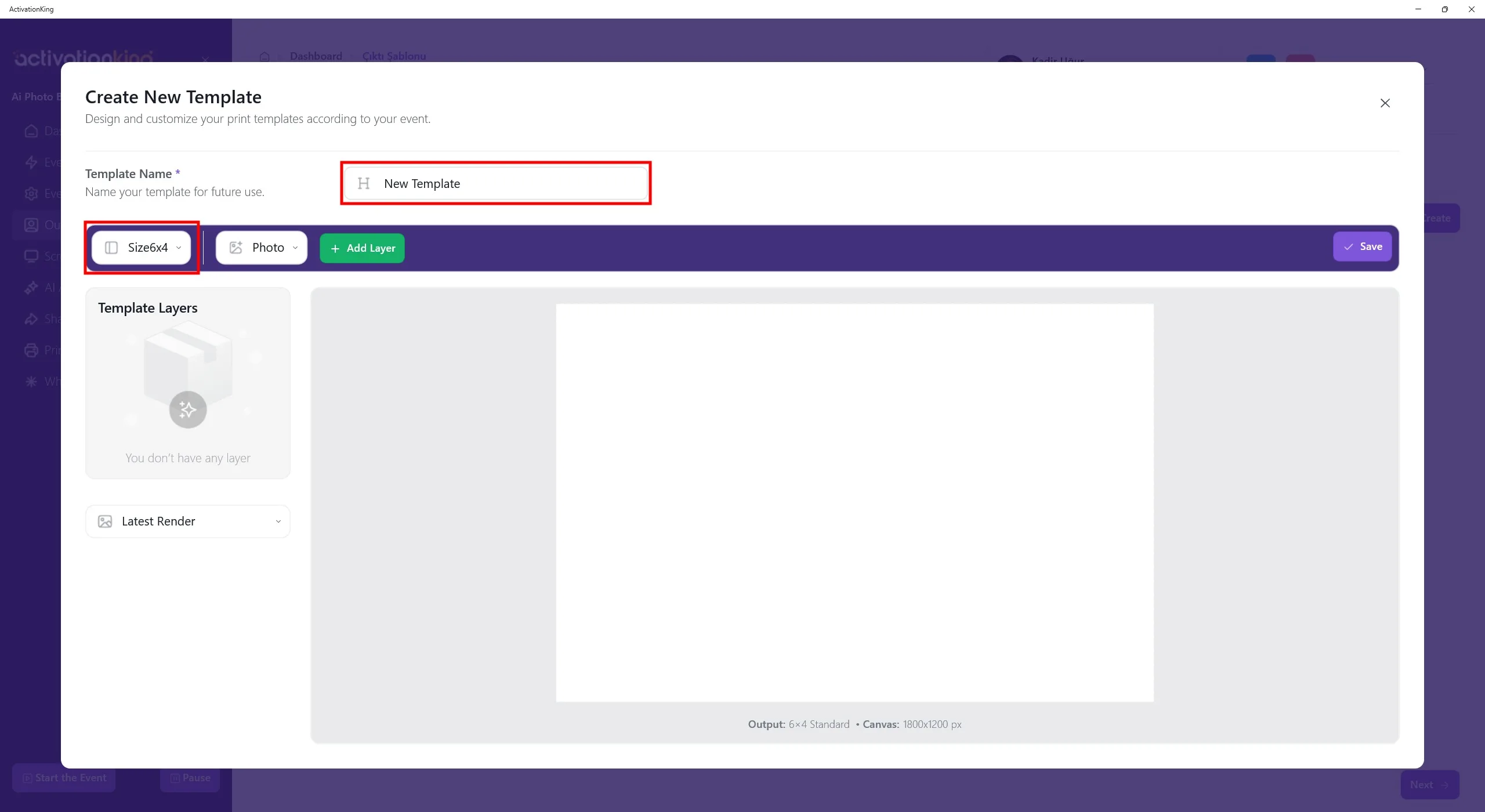 Novo editor de modelos com campo de nome e controles de tamanho no canto superior esquerdo