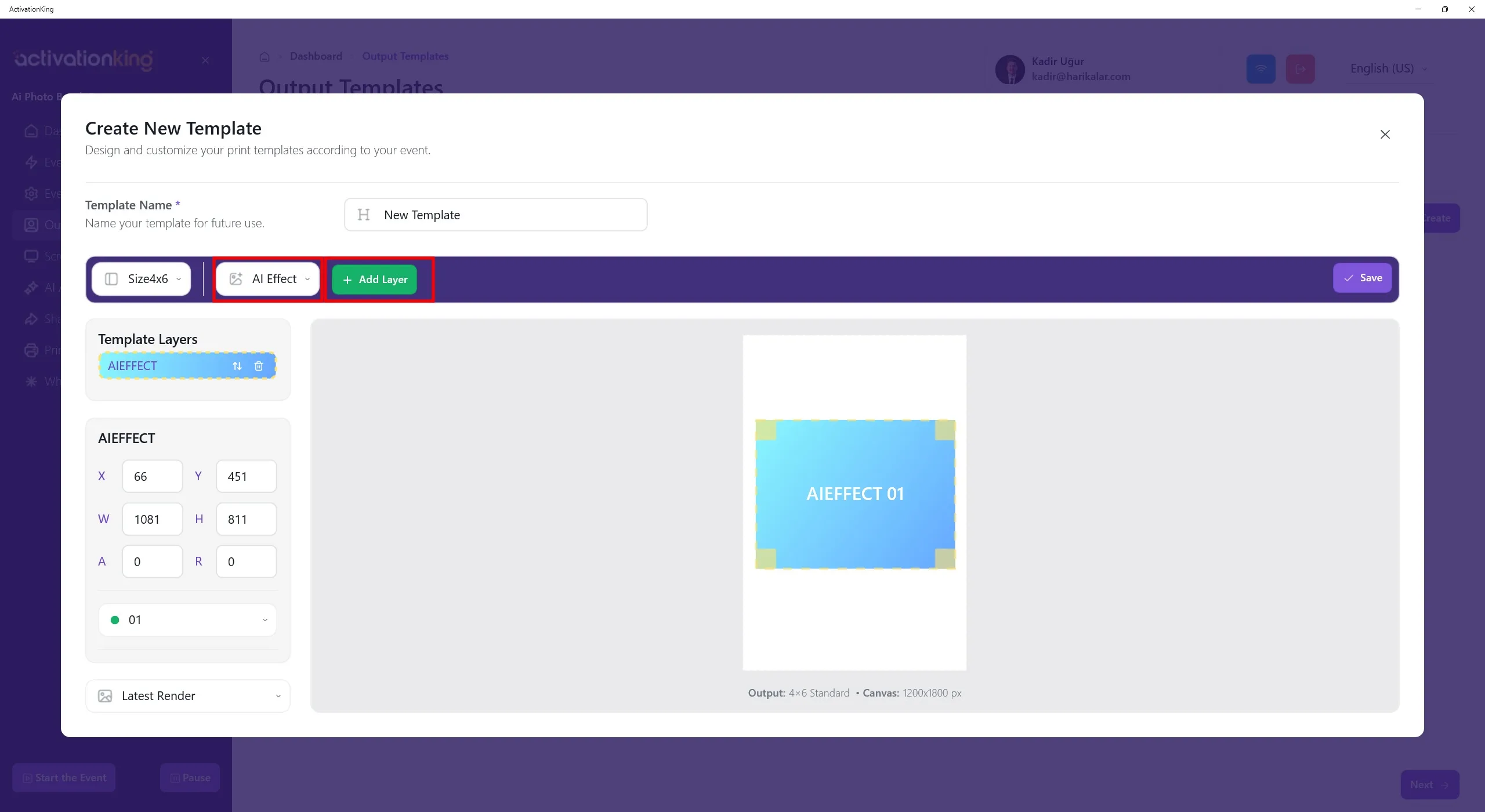Camada AI Effect adicionada à tela com alças de tamanho e dimensão
