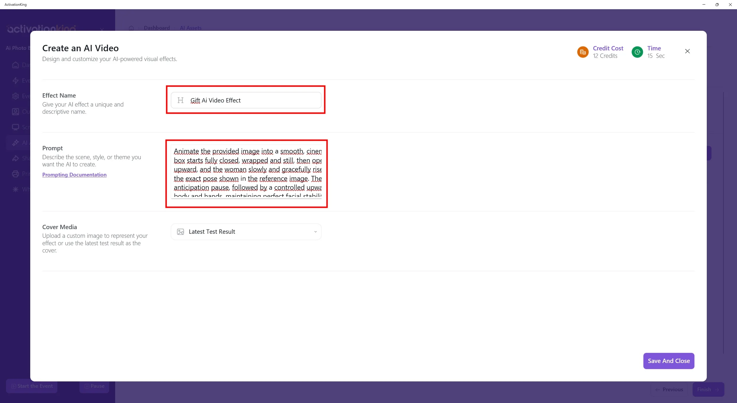 Effekt-Erstellungsformular mit Feld für den Effektnamen und dem Textbereich für den Prompt