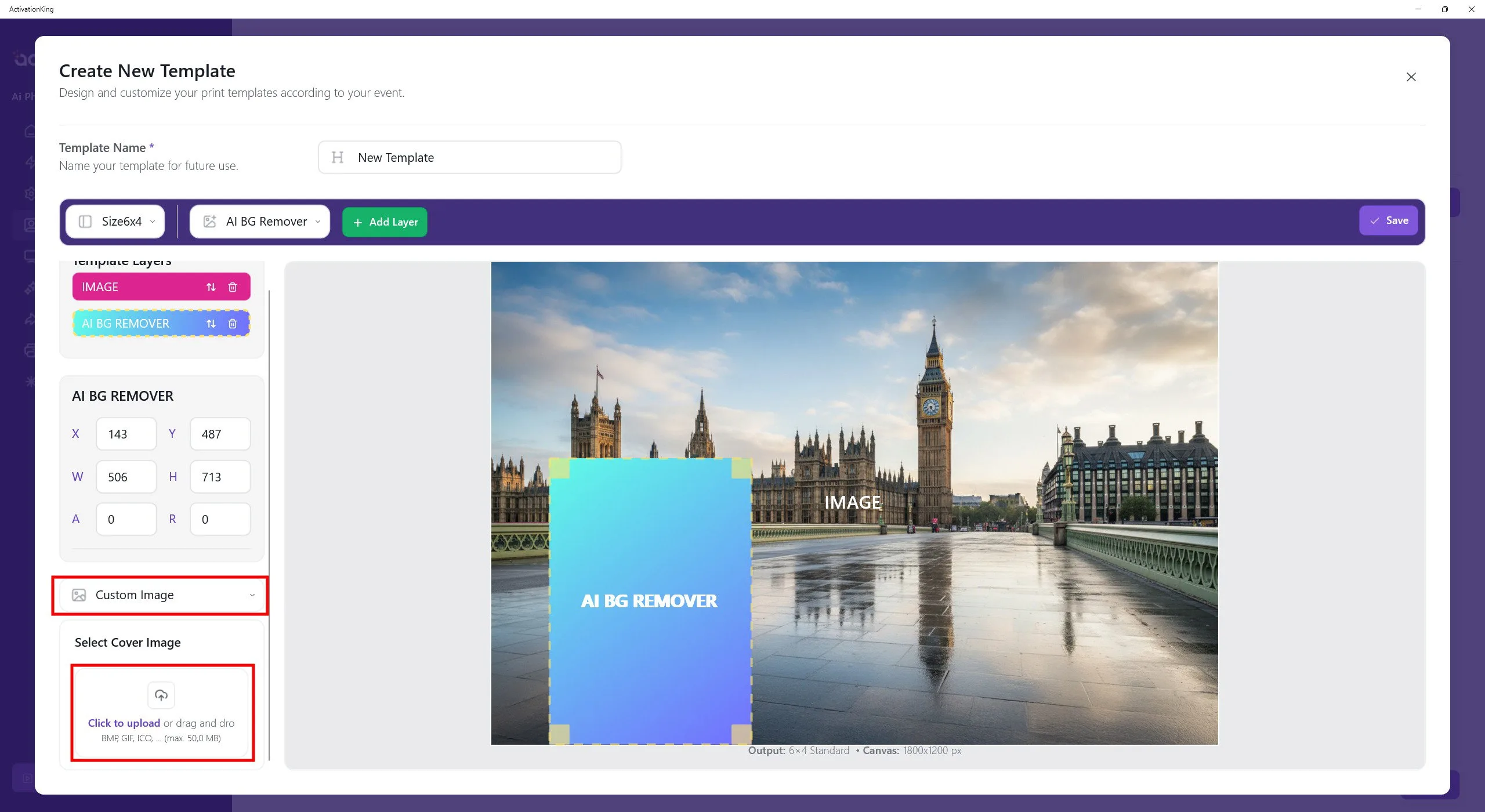 Sélecteur de miniature du modèle avec l'option Image personnalisée mise en évidence